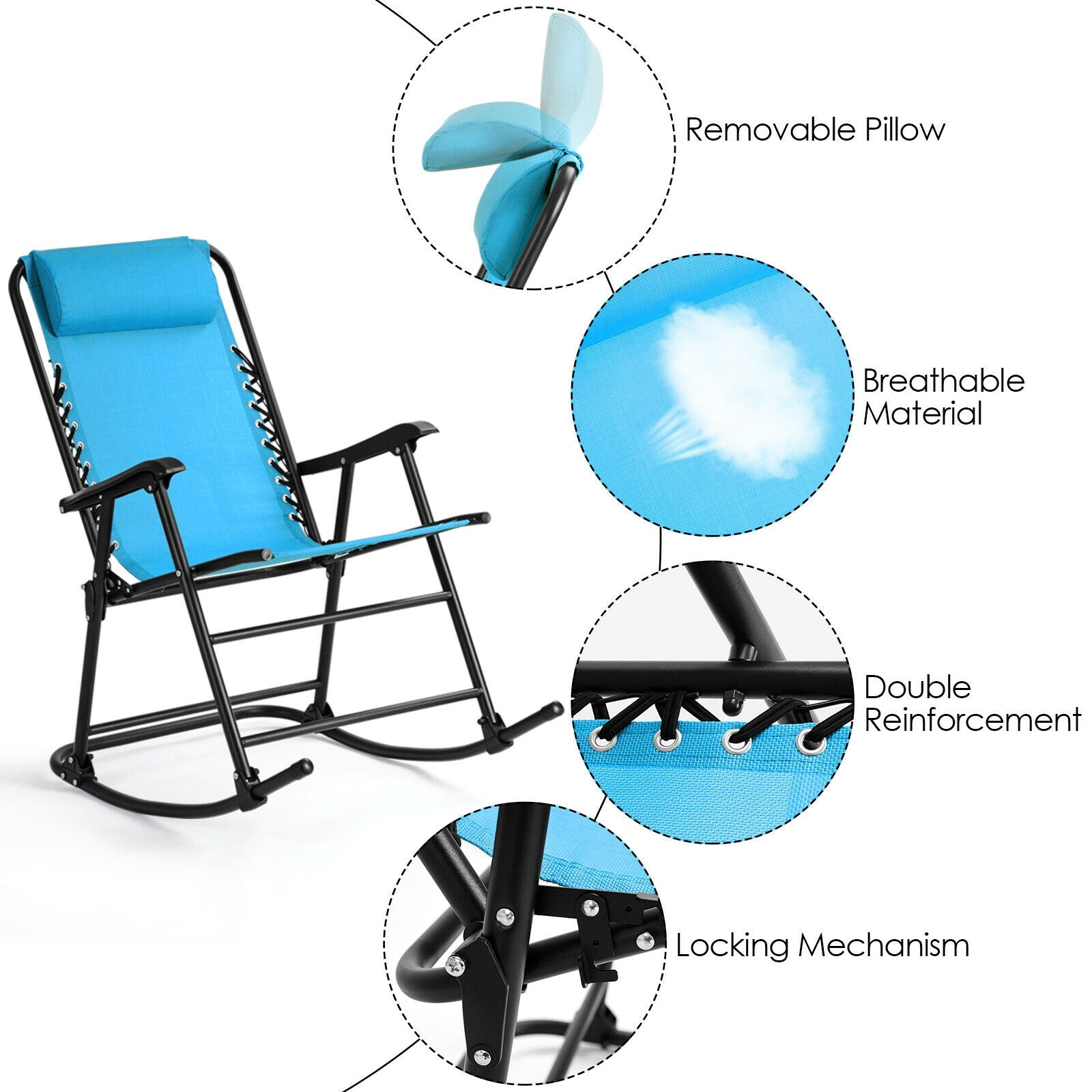 Outdoor Patio Headrest Folding Zero Gravity Rocking Chair-Turquoise