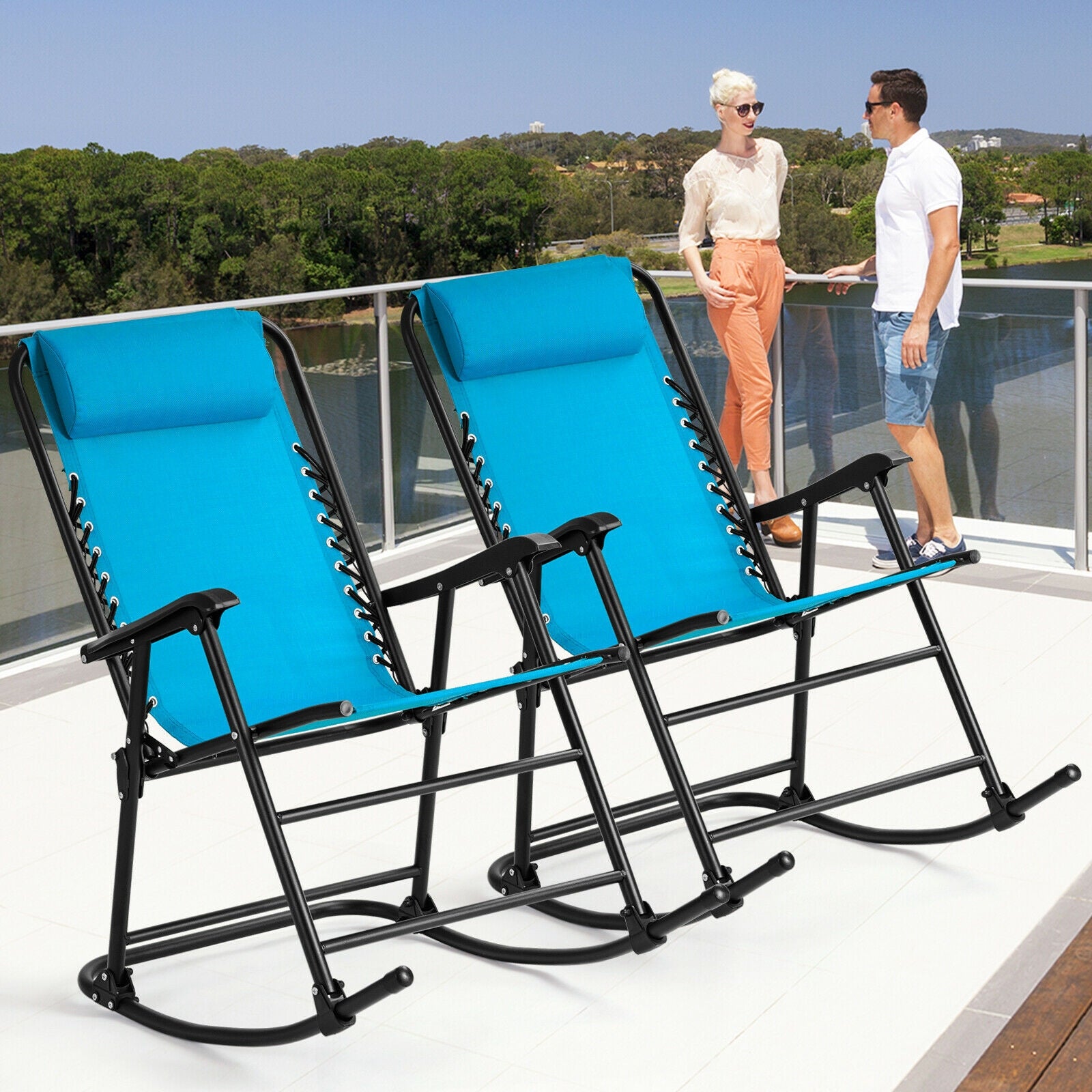 Outdoor Patio Headrest Folding Zero Gravity Rocking Chair-Turquoise