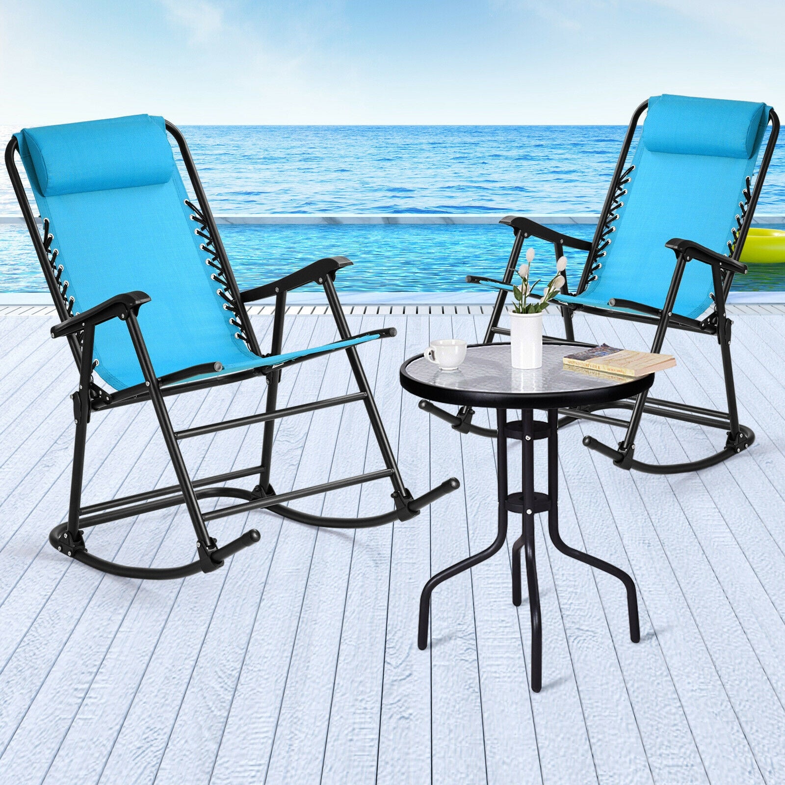 Outdoor Patio Headrest Folding Zero Gravity Rocking Chair-Turquoise