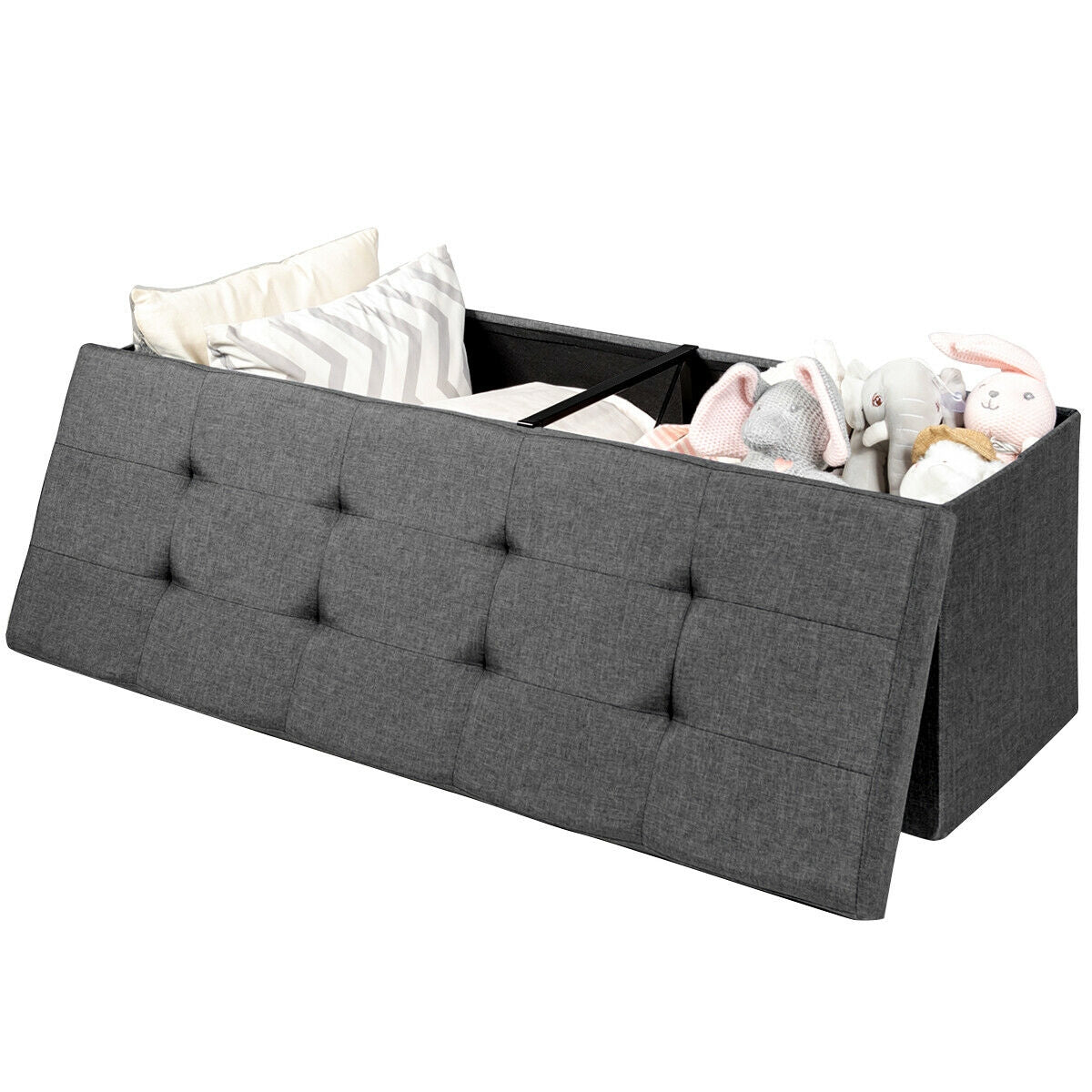 Large Fabric Folding Storage Chest with Smart lift Divider Bed End Ottoman Bench-Dark Gray