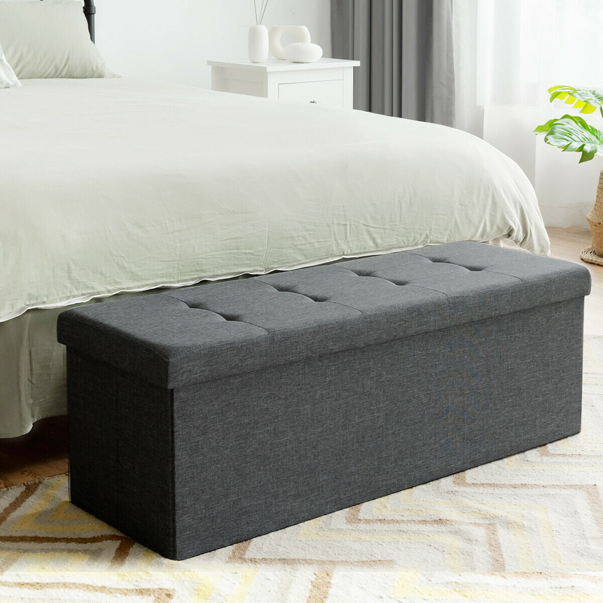 Large Fabric Folding Storage Chest with Smart lift Divider Bed End Ottoman Bench-Dark Gray