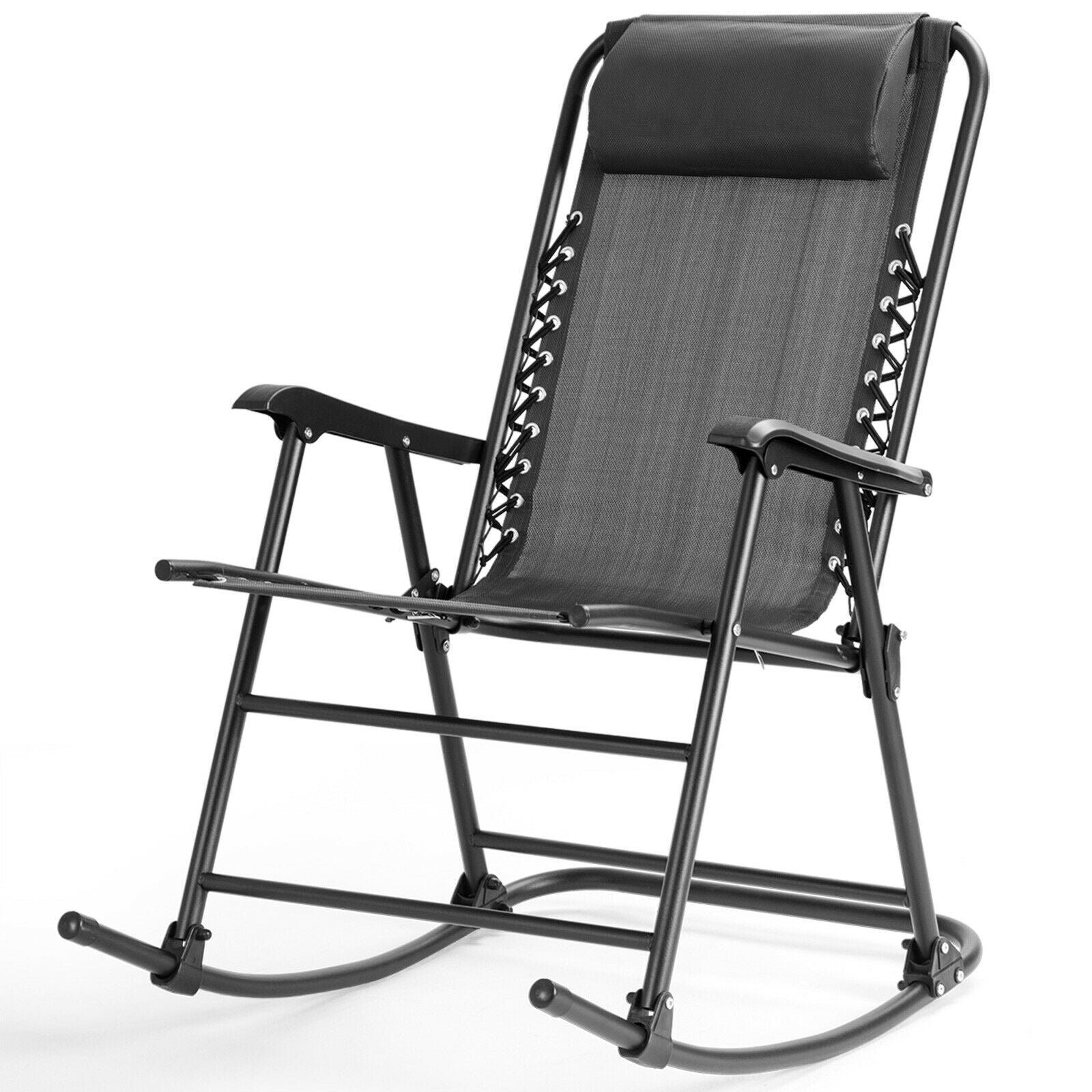 Outdoor Patio Headrest Folding Zero Gravity Rocking Chair-Gray