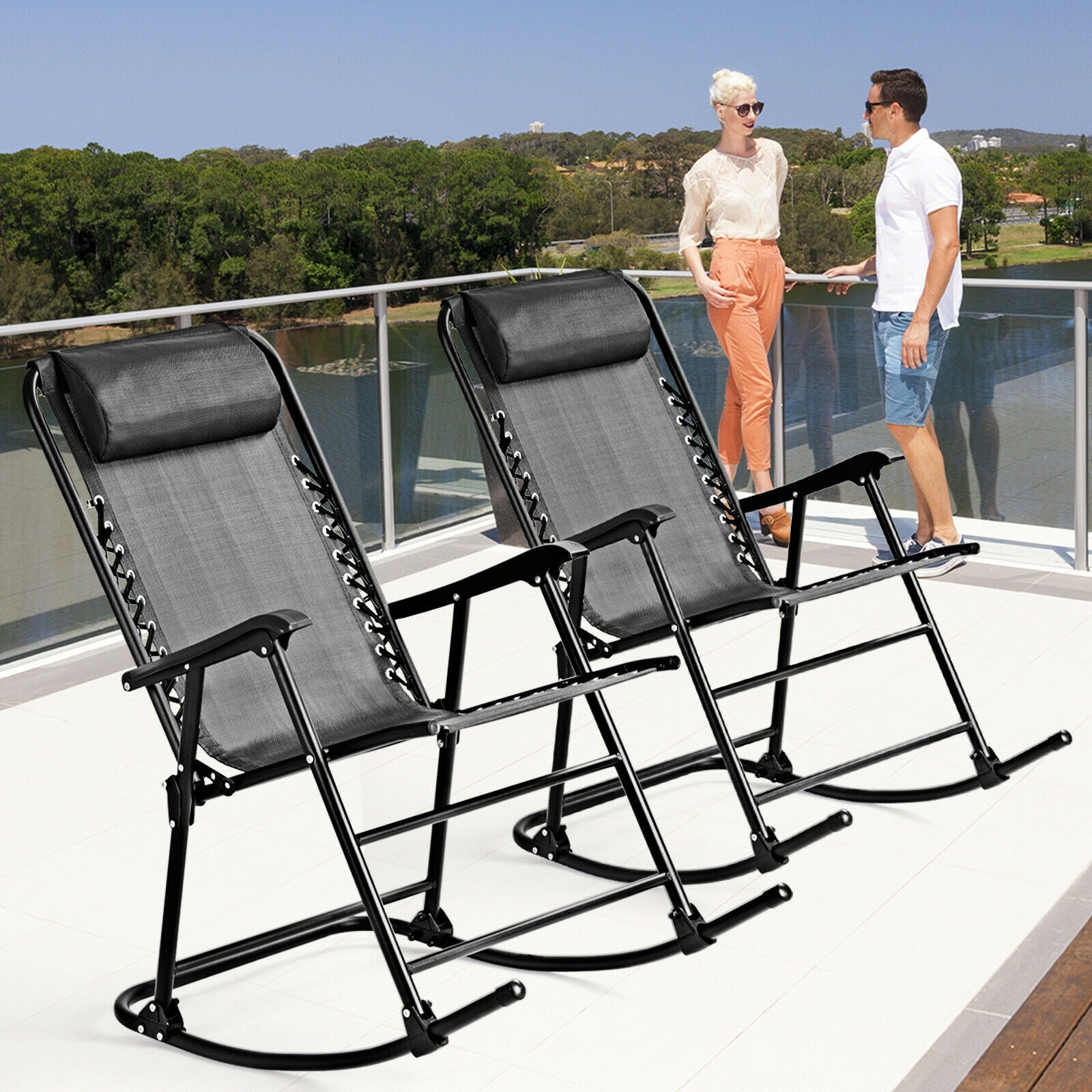 Outdoor Patio Headrest Folding Zero Gravity Rocking Chair-Gray