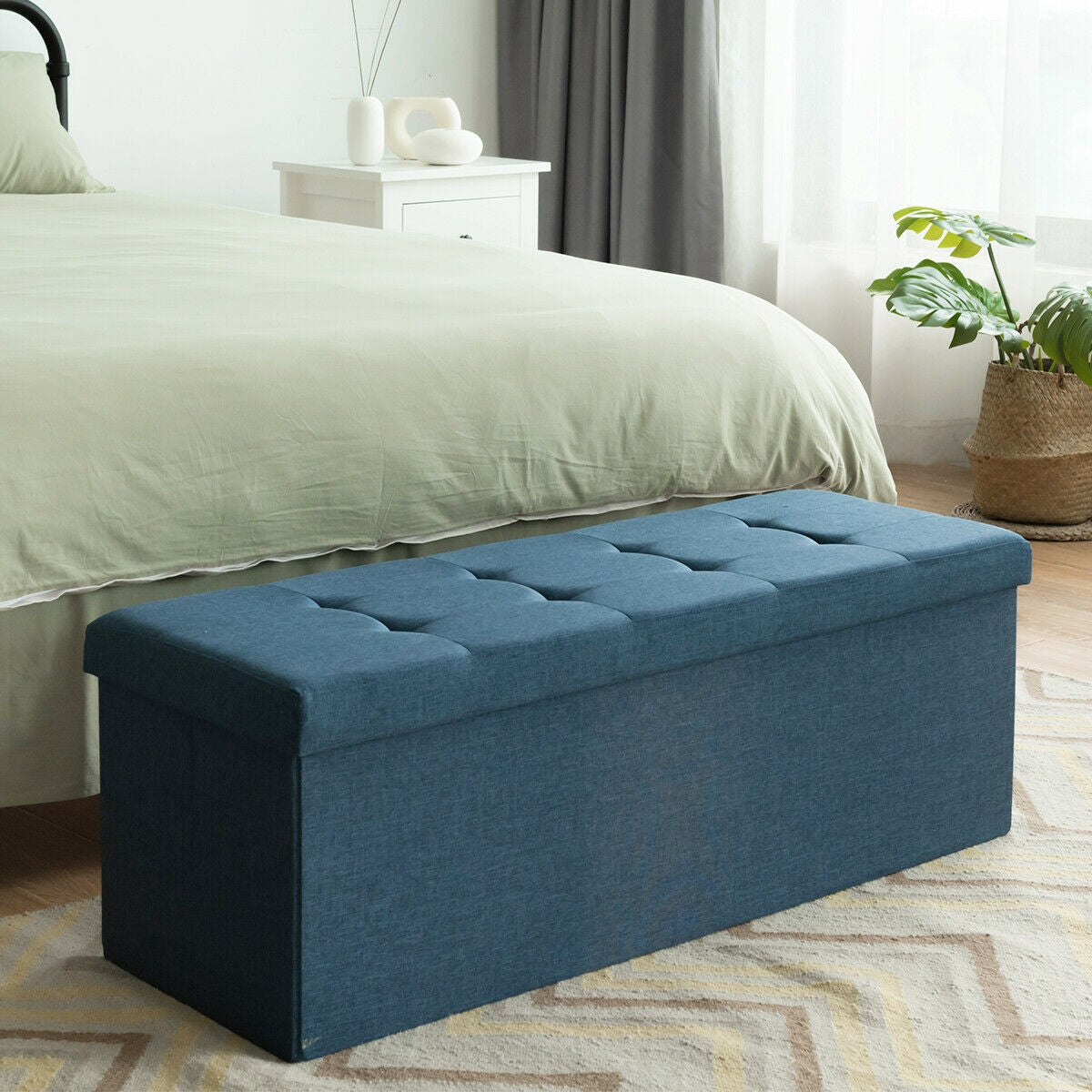 Large Fabric Folding Storage Chest with Smart lift Divider Bed End Ottoman Bench-Navy