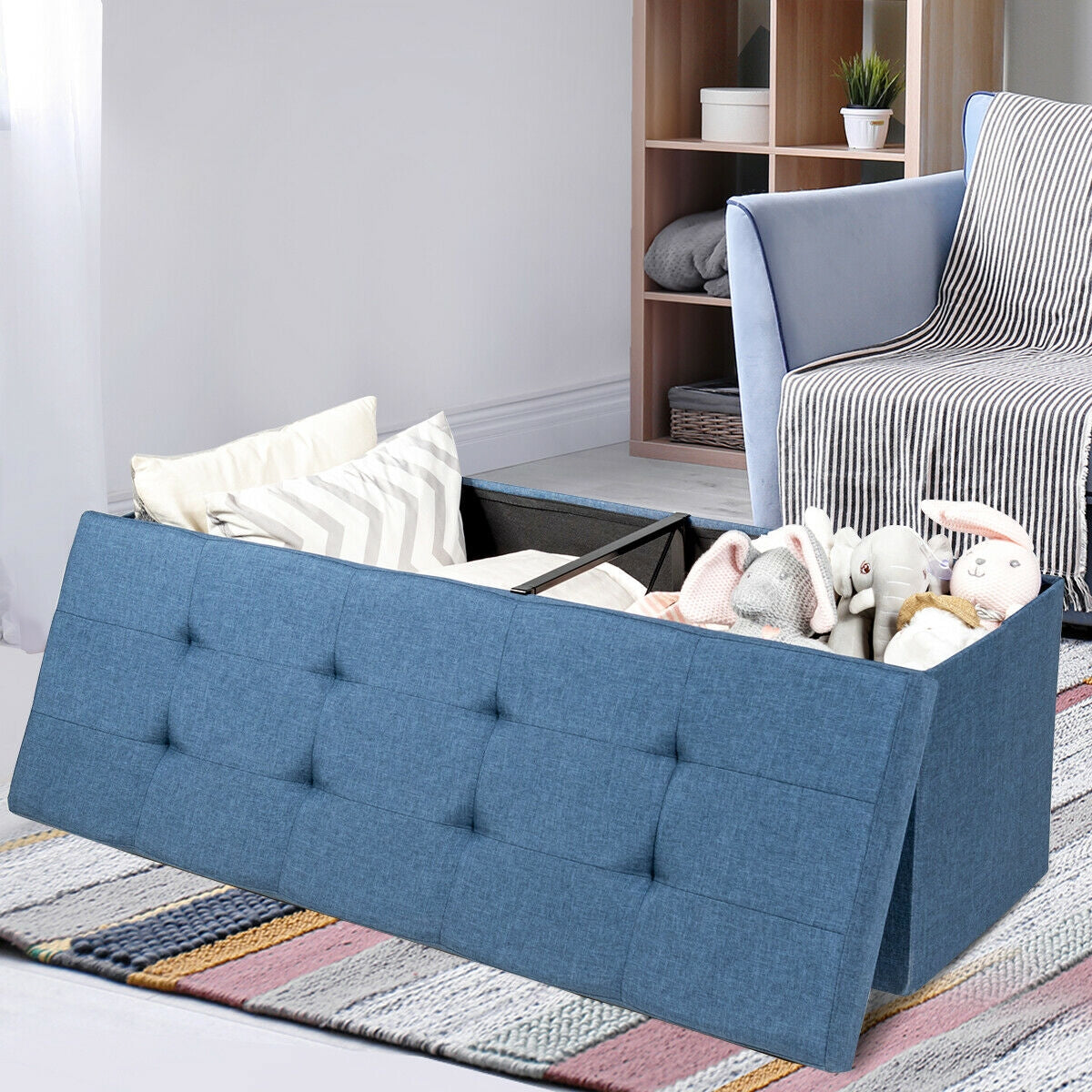 Large Fabric Folding Storage Chest with Smart lift Divider Bed End Ottoman Bench-Navy