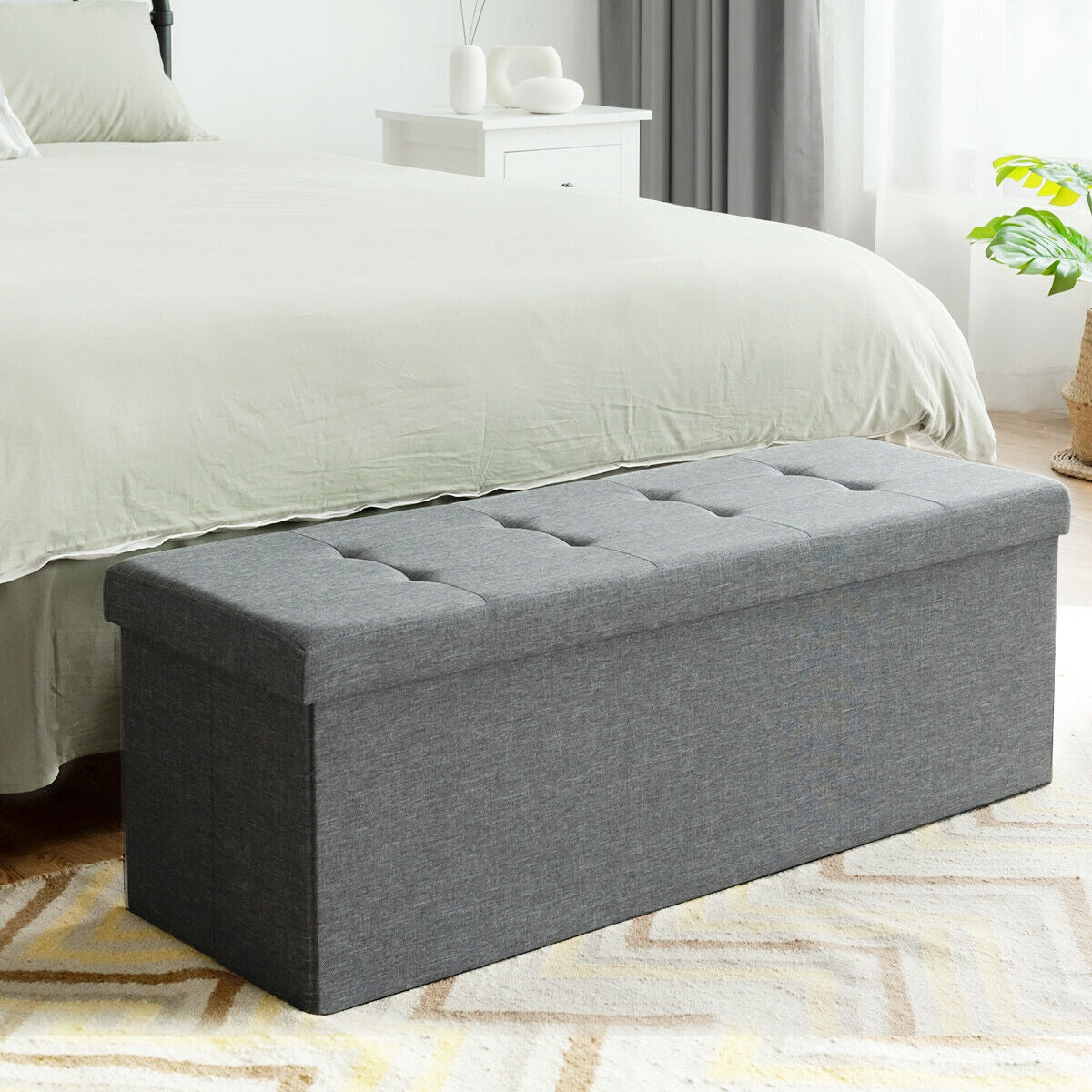 Large Fabric Folding Storage Chest with Smart lift Divider Bed End Ottoman Bench-Light Gray