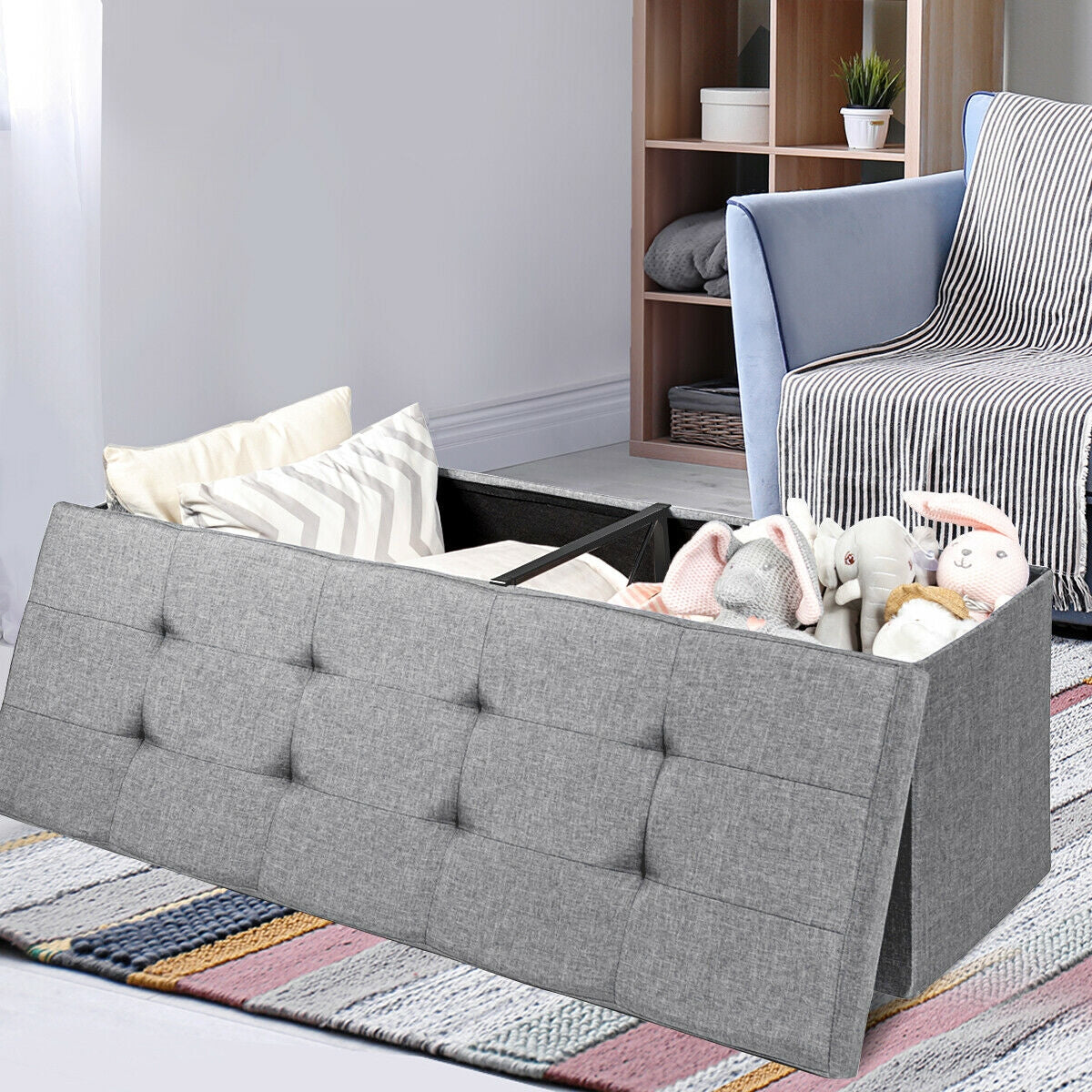 Large Fabric Folding Storage Chest with Smart lift Divider Bed End Ottoman Bench-Light Gray