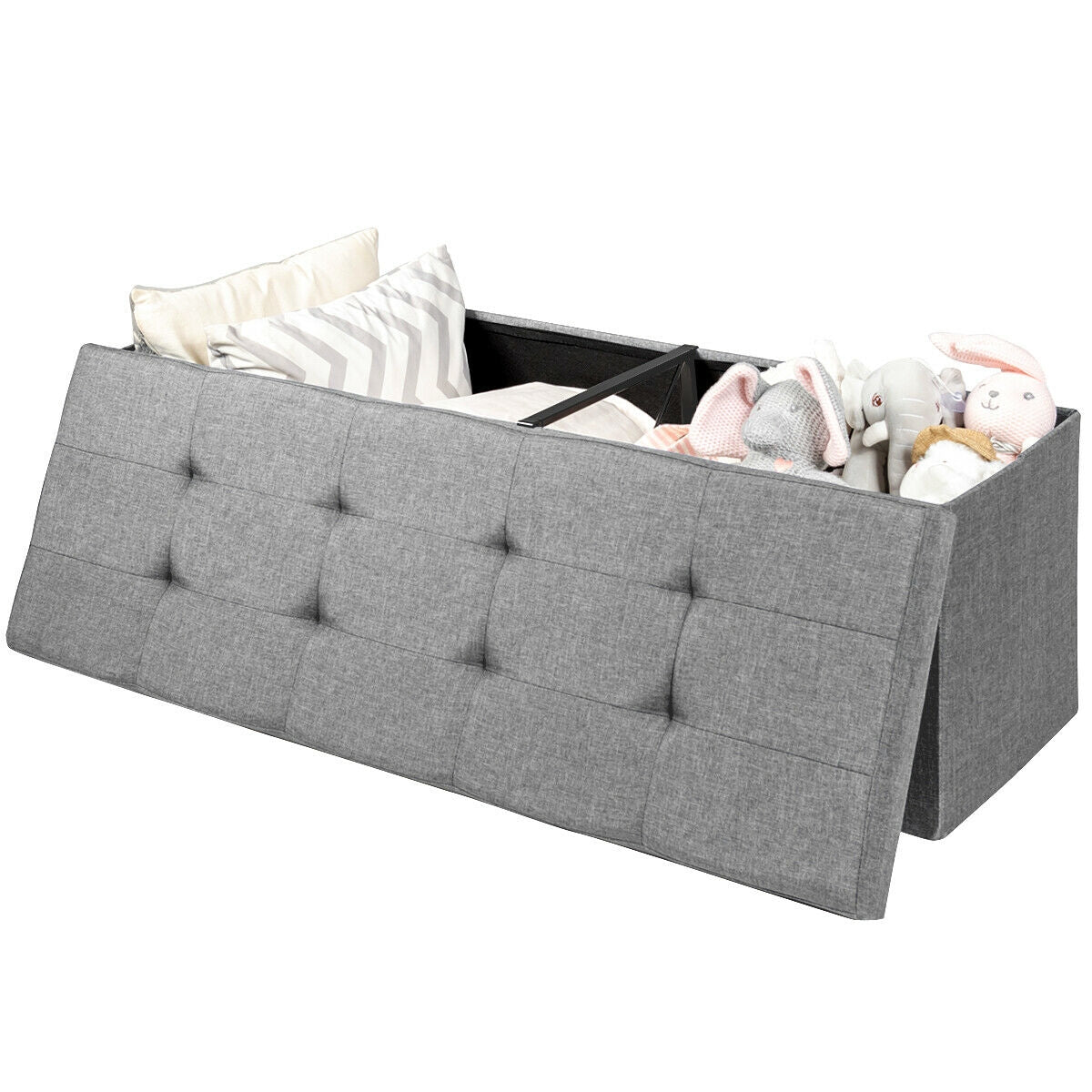 Large Fabric Folding Storage Chest with Smart lift Divider Bed End Ottoman Bench-Light Gray