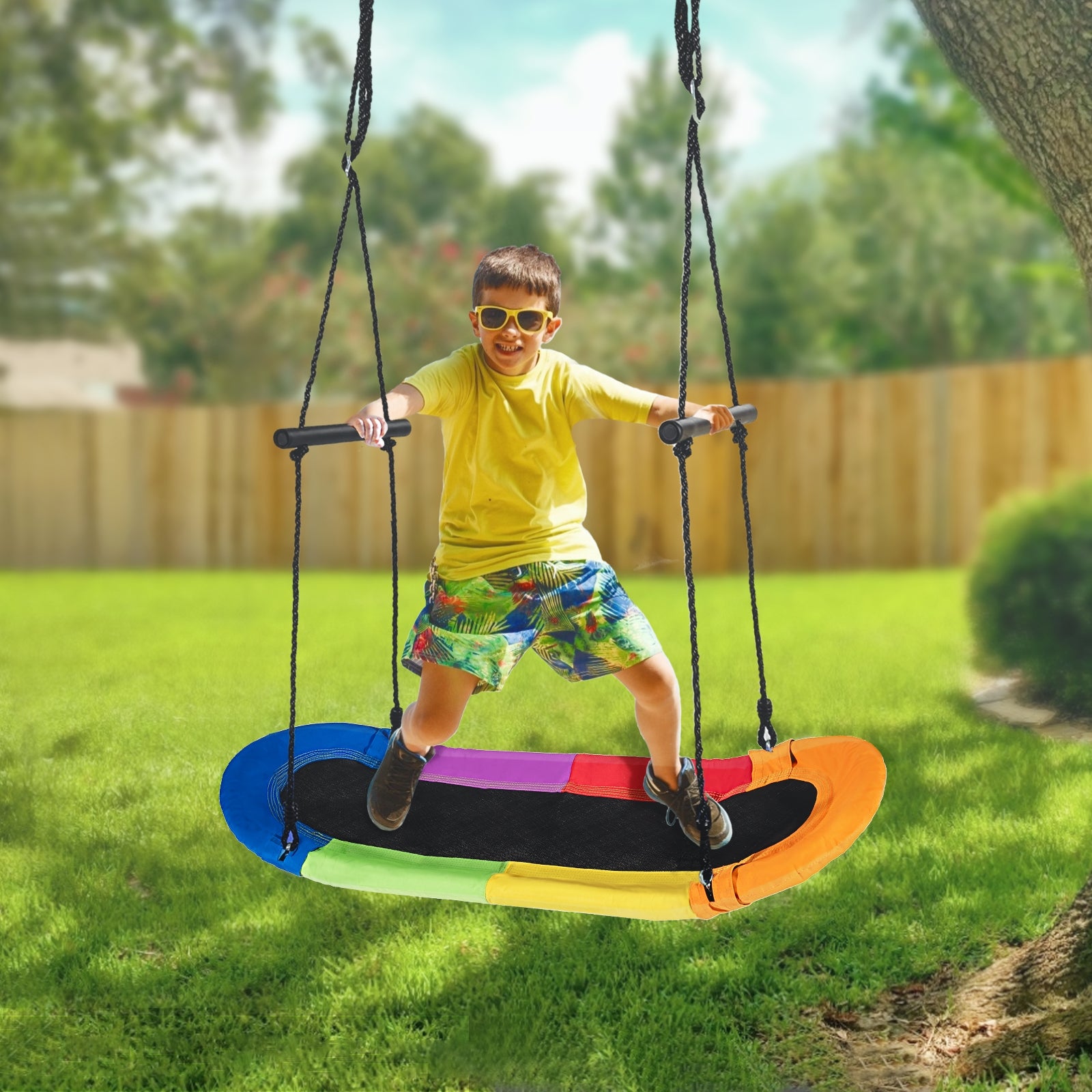 Saucer Tree Swing Surf Kids Outdoor Adjustable Oval Platform Set with Handle-Multicolor