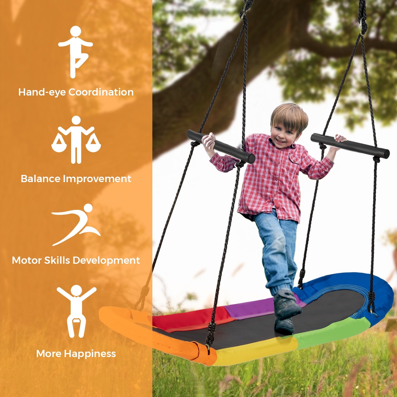 Saucer Tree Swing Surf Kids Outdoor Adjustable Oval Platform Set with Handle-Multicolor