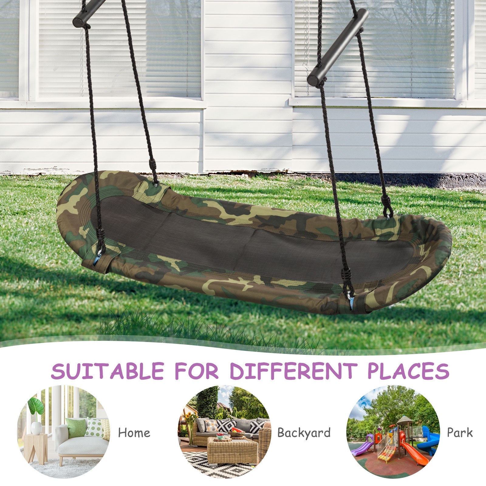 Saucer Tree Swing Surf Kids Outdoor Adjustable Oval Platform Set with Handle-Army Green