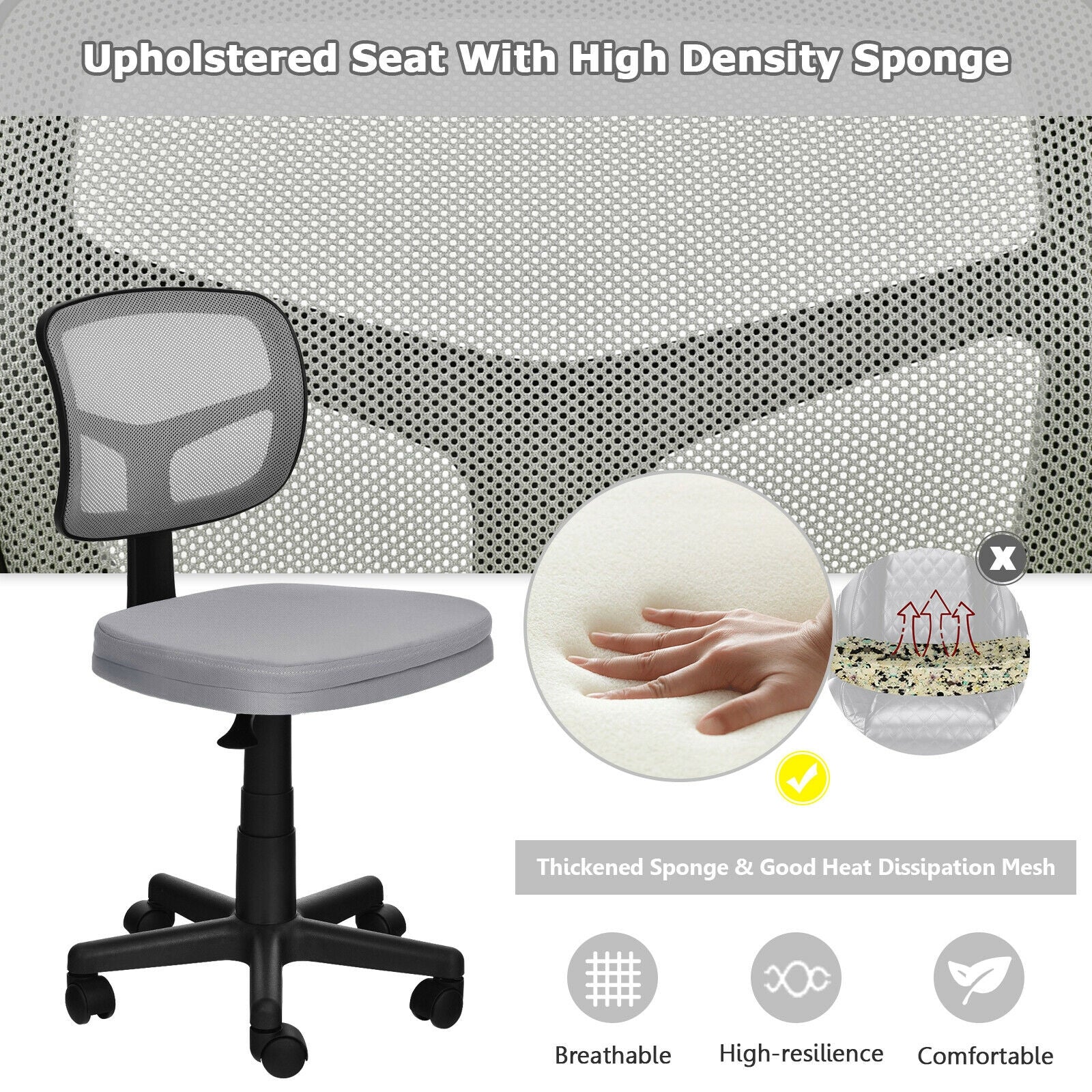 Armless Computer Chair with Height Adjustment and Breathable Mesh for Home Office-Gray