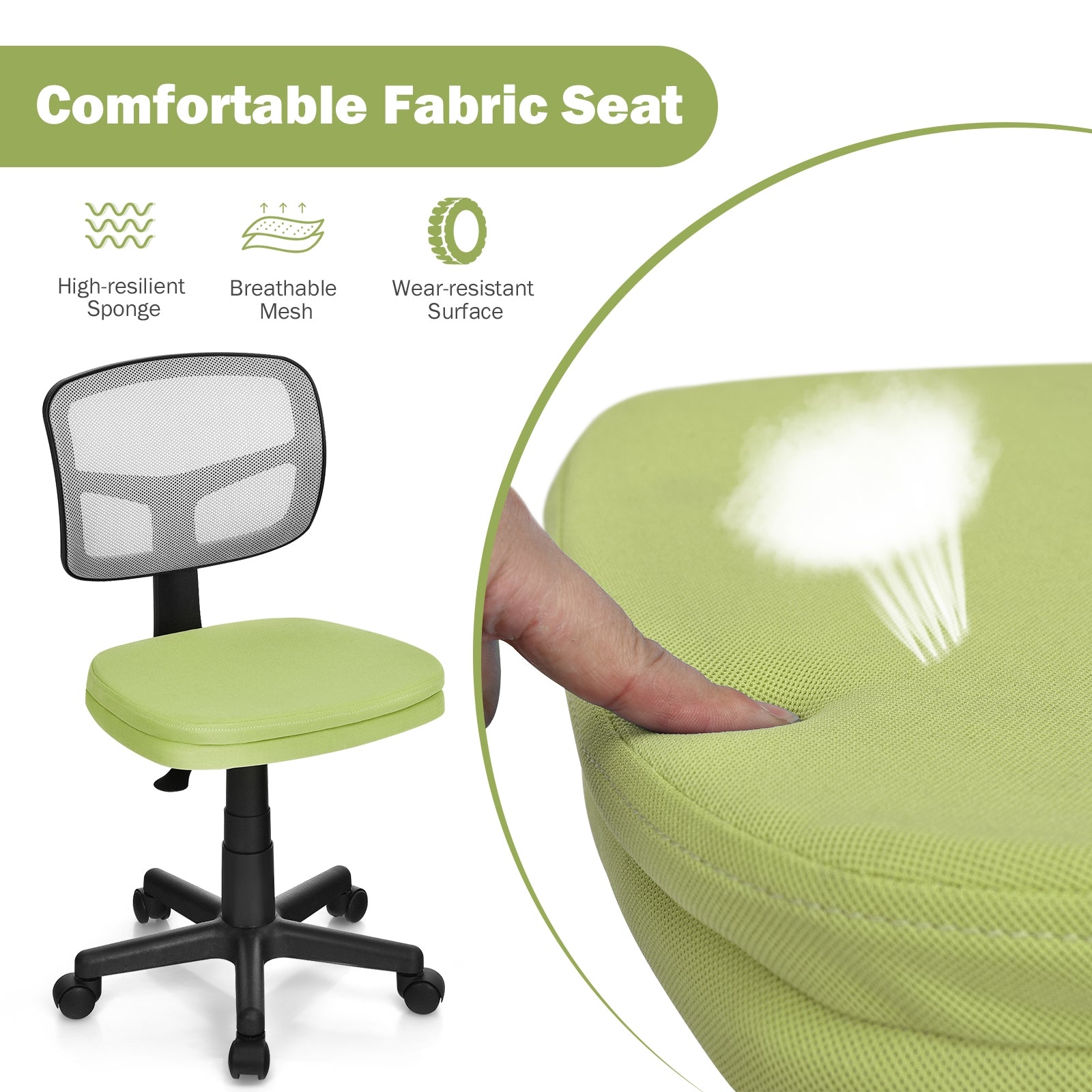 Armless Computer Chair with Height Adjustment and Breathable Mesh for Home Office-Green