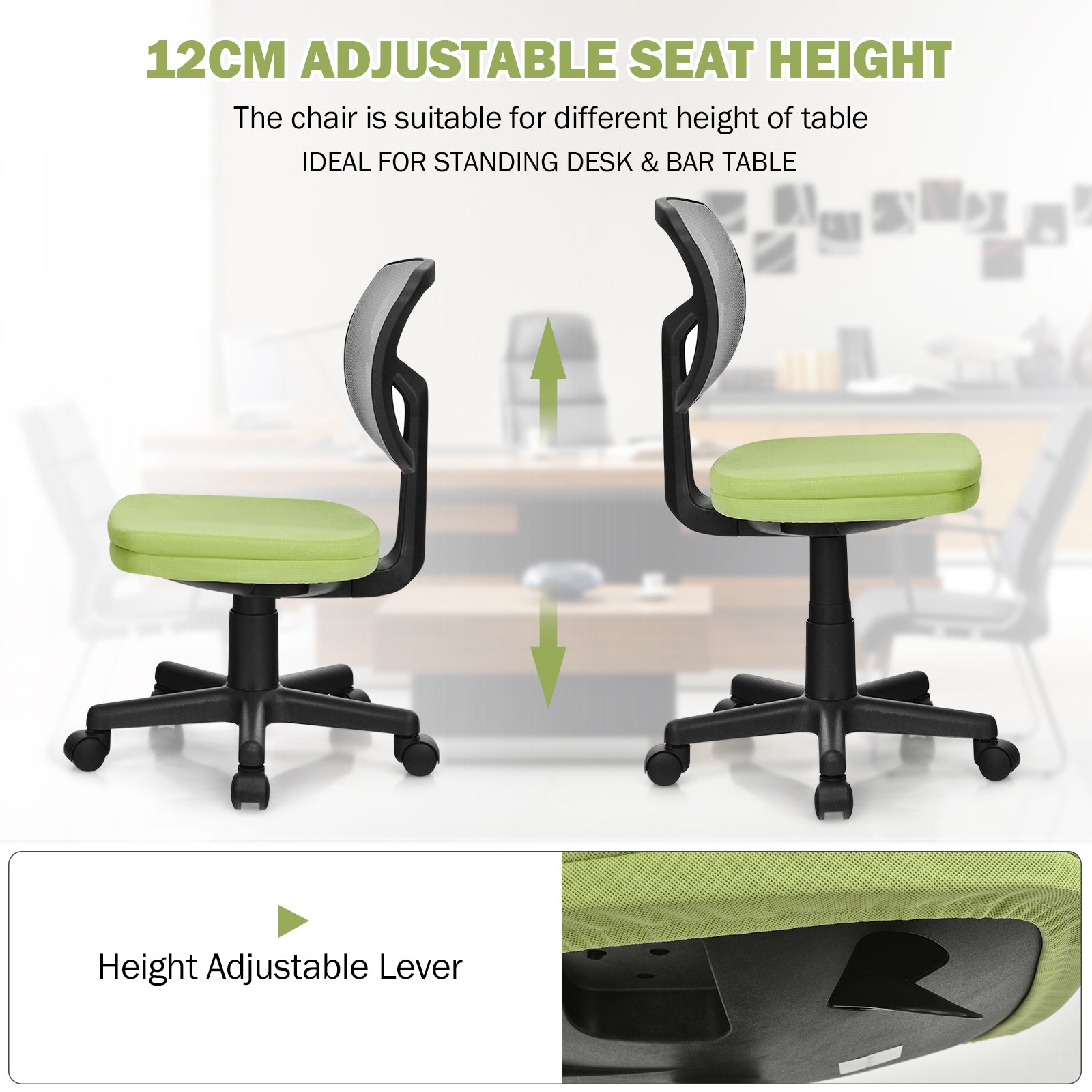 Armless Computer Chair with Height Adjustment and Breathable Mesh for Home Office-Green