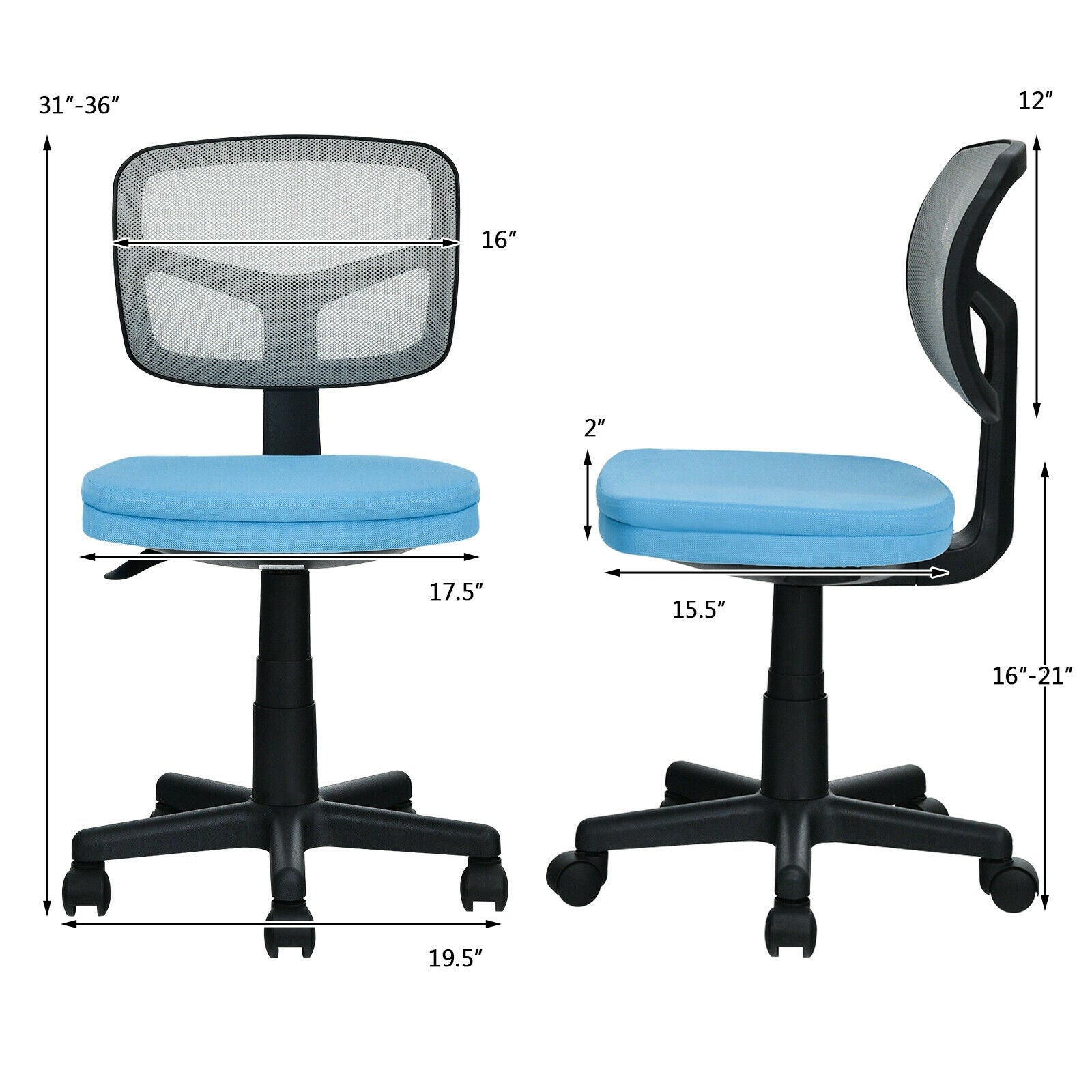 Armless Computer Chair with Height Adjustment and Breathable Mesh for Home Office-Blue