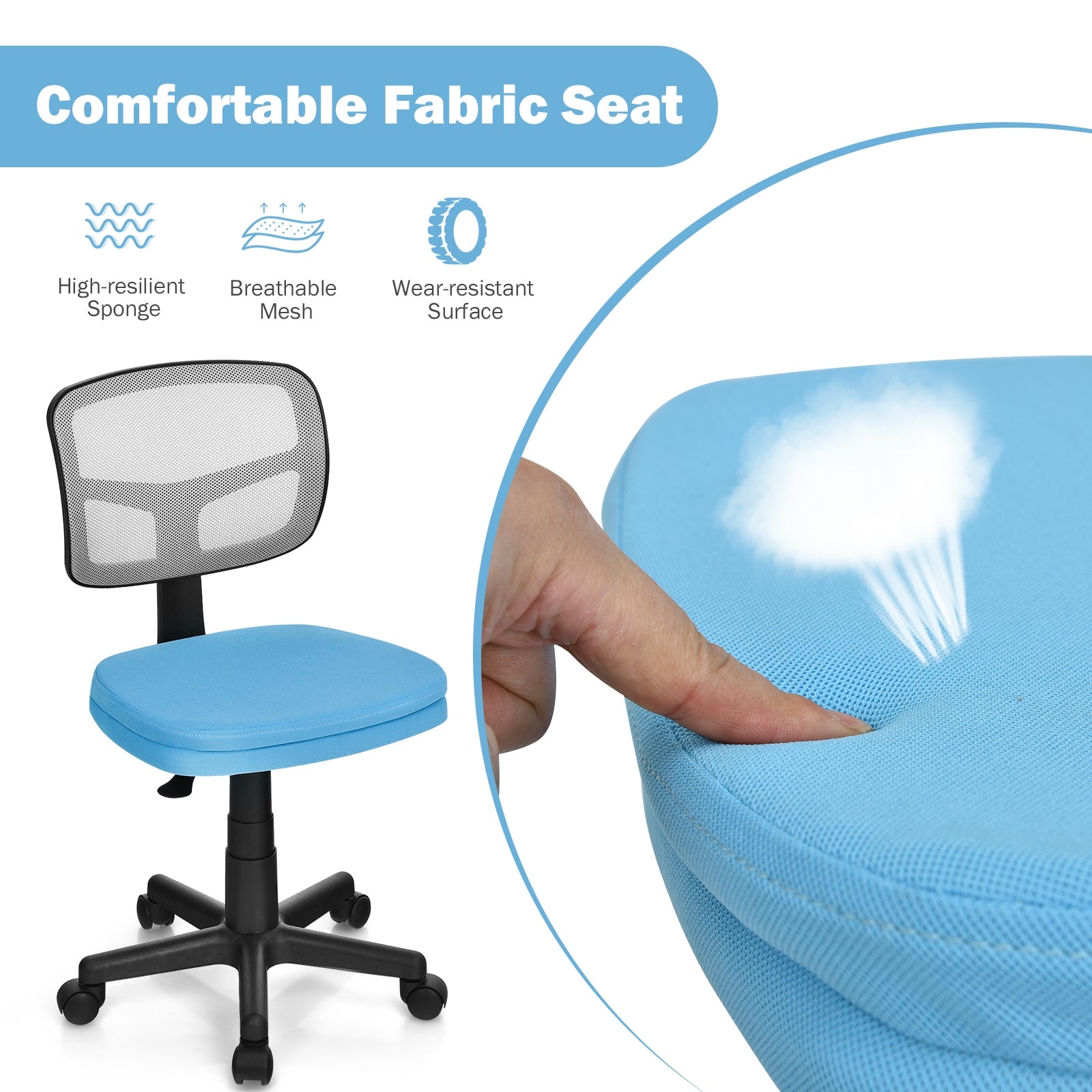 Armless Computer Chair with Height Adjustment and Breathable Mesh for Home Office-Blue