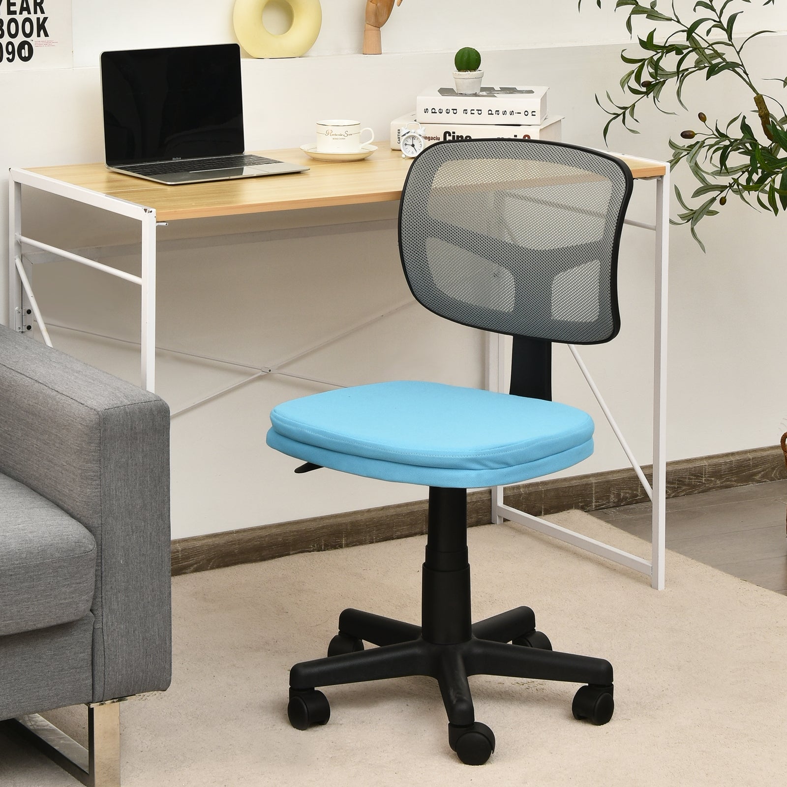 Armless Computer Chair with Height Adjustment and Breathable Mesh for Home Office-Blue