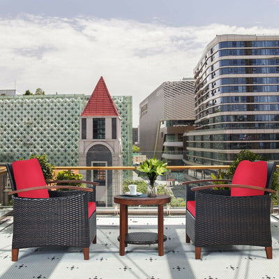 3 Pcs Solid Wood Frame Patio Rattan Furniture Set-RedÂ 