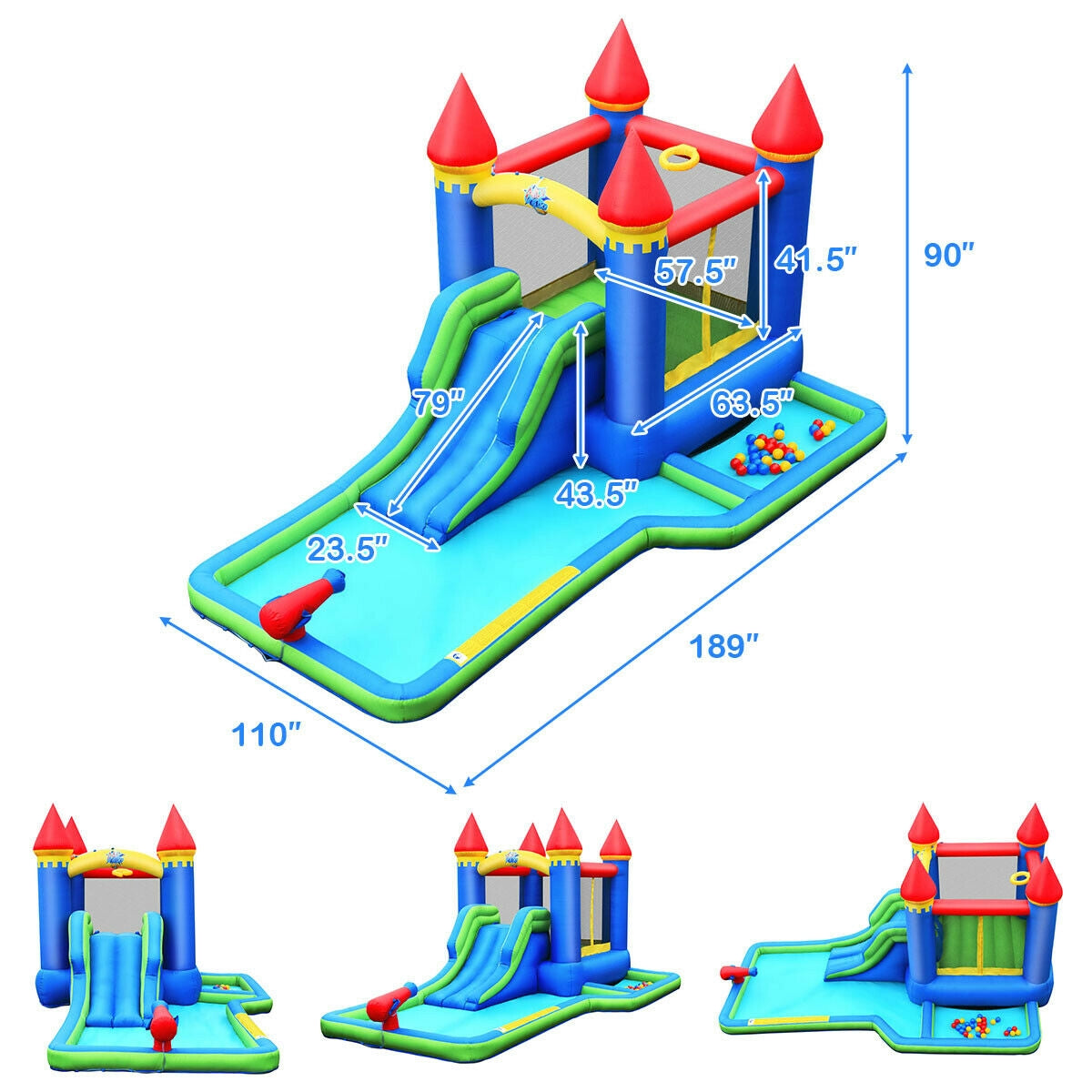 Inflatable Bounce House Castle Water Slide with Climbing Wall and 580W Blower