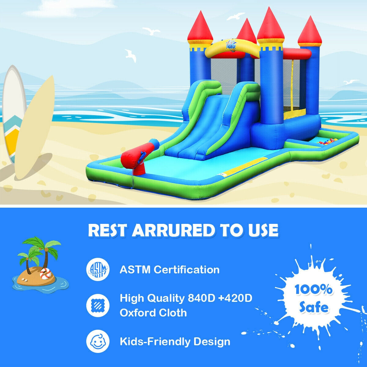 Inflatable Bounce House Castle Water Slide with Climbing Wall and 580W Blower