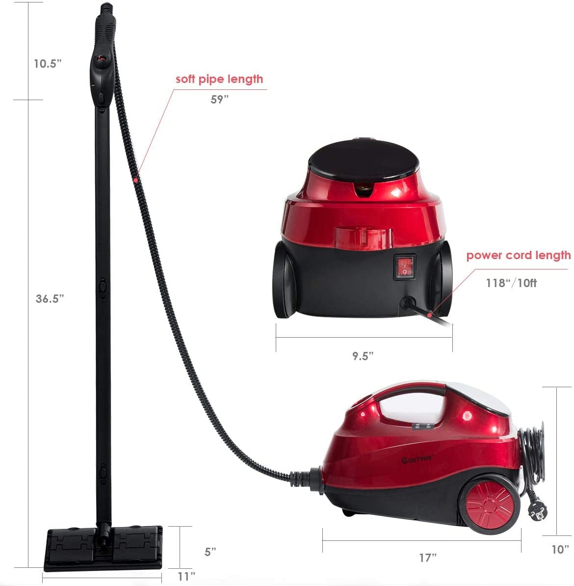 2000W Heavy Duty Multi-purpose Steam Cleaner Mop with Detachable Handheld Unit-Red