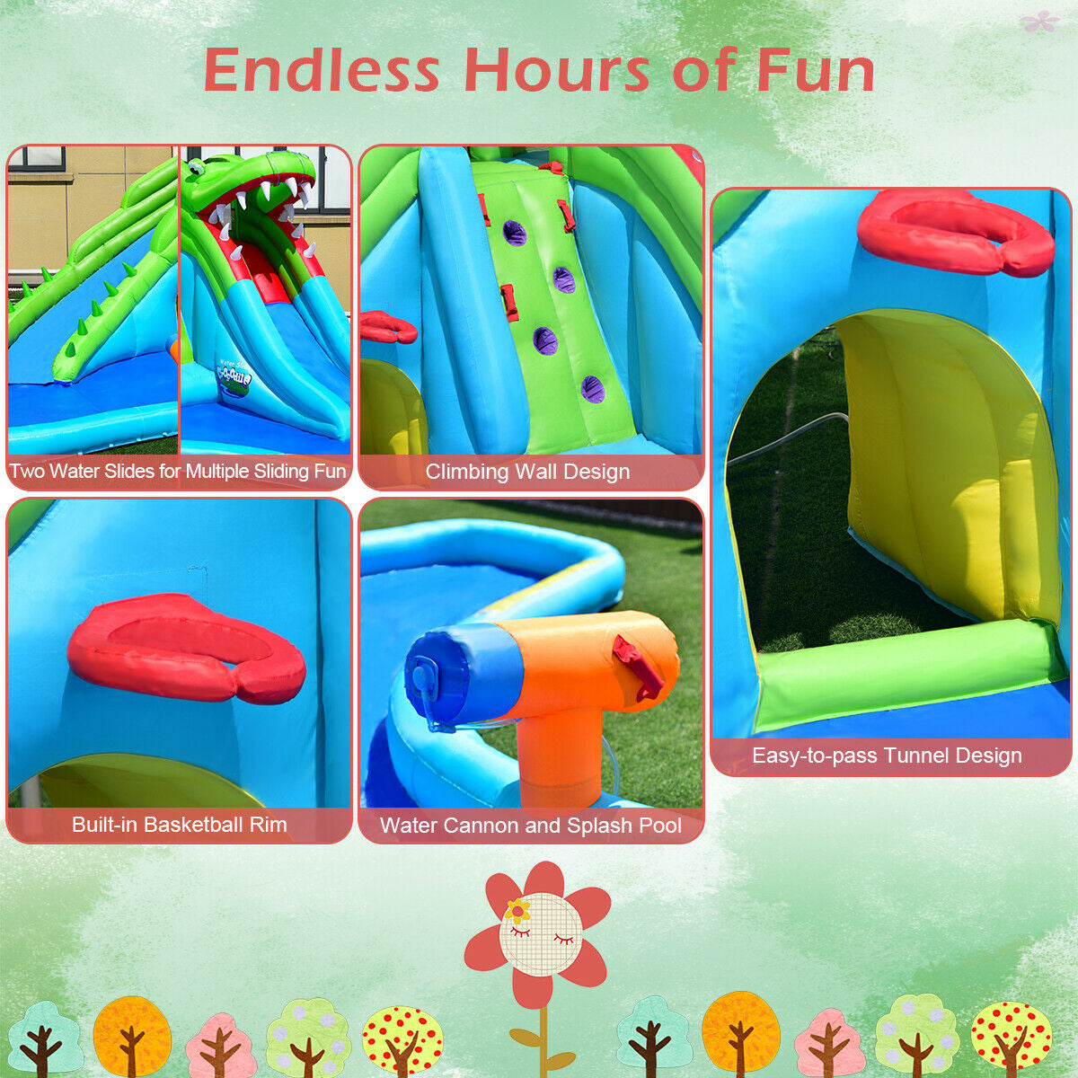 7-in-1 Inflatable Bounce House with Splashing Pool without Blower