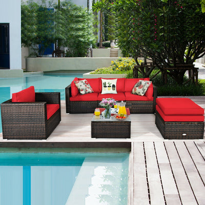 6 Pieces Patio Rattan Furniture Set with Sectional Cushion-RedÂ 
