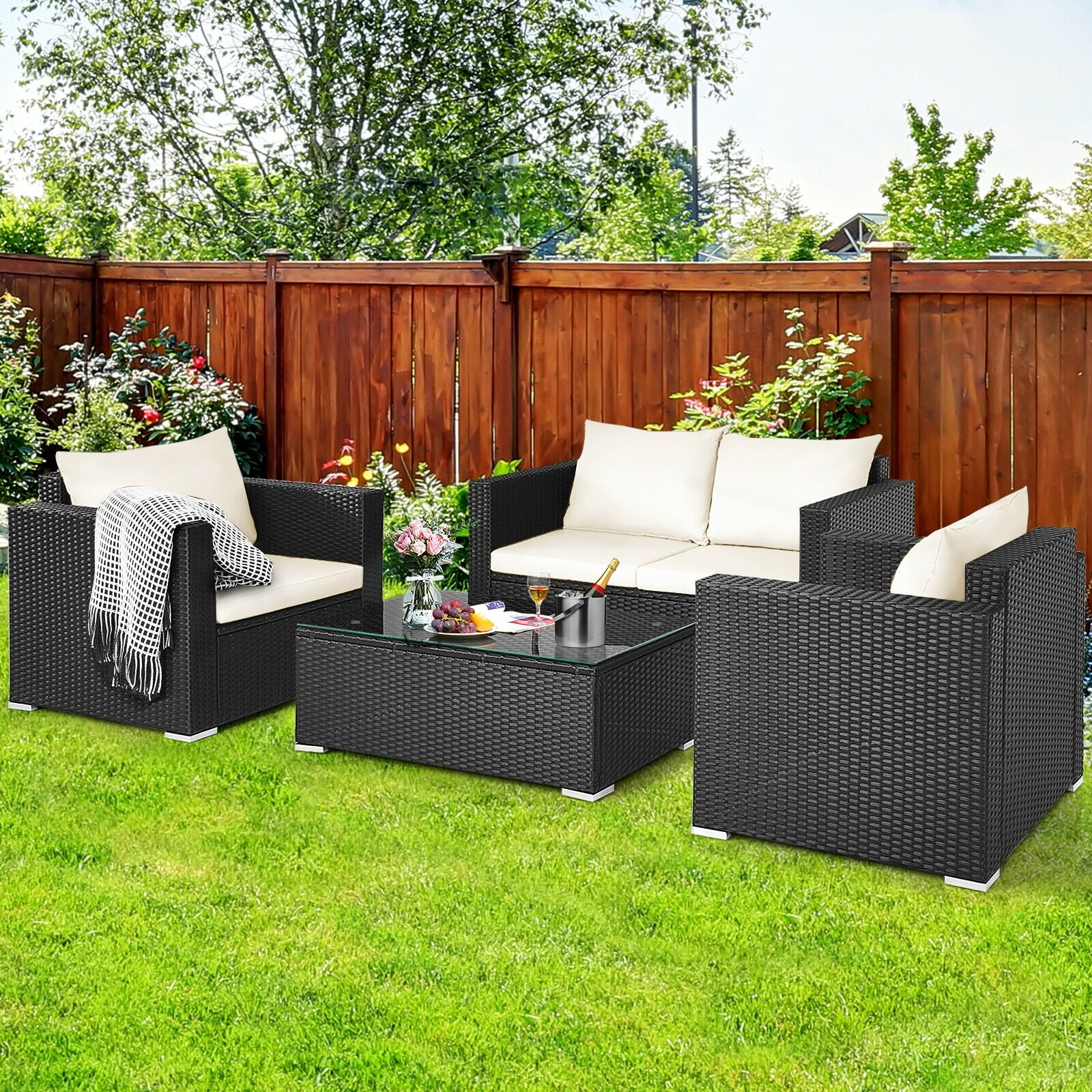 4 Pieces Patio Rattan Cushioned Furniture Set-White