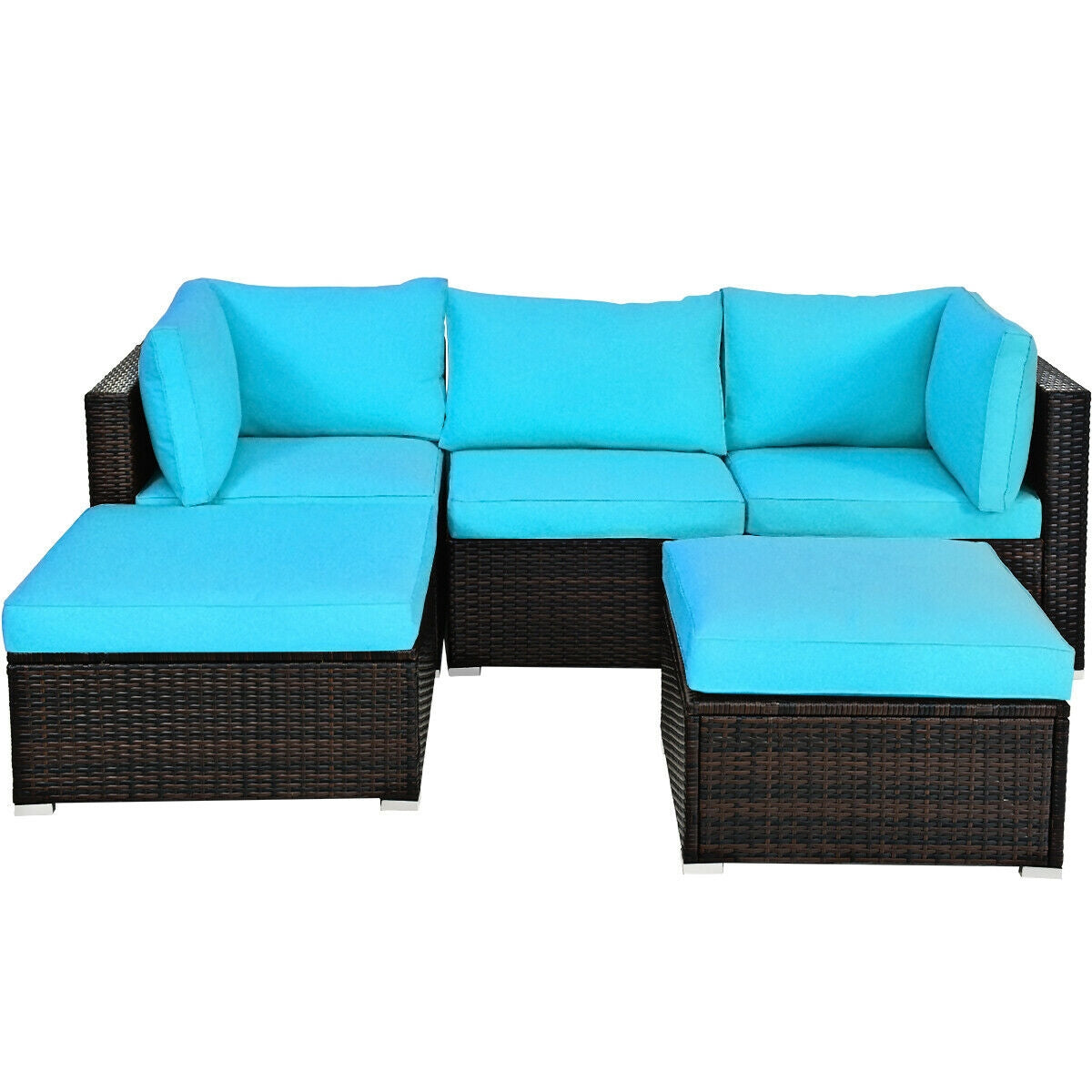 5 Pieces Patio Rattan Sectional Conversation Ottoman Furniture Set-Blue