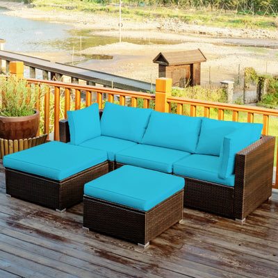 5 Pieces Patio Rattan Sectional Conversation Ottoman Furniture Set-BlueÂ 