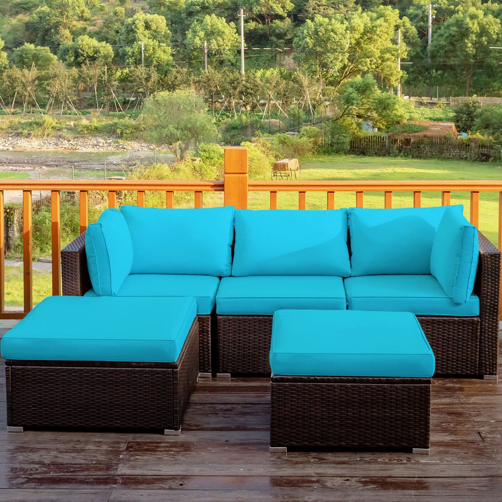 5 Pieces Patio Rattan Sectional Conversation Ottoman Furniture Set-Blue