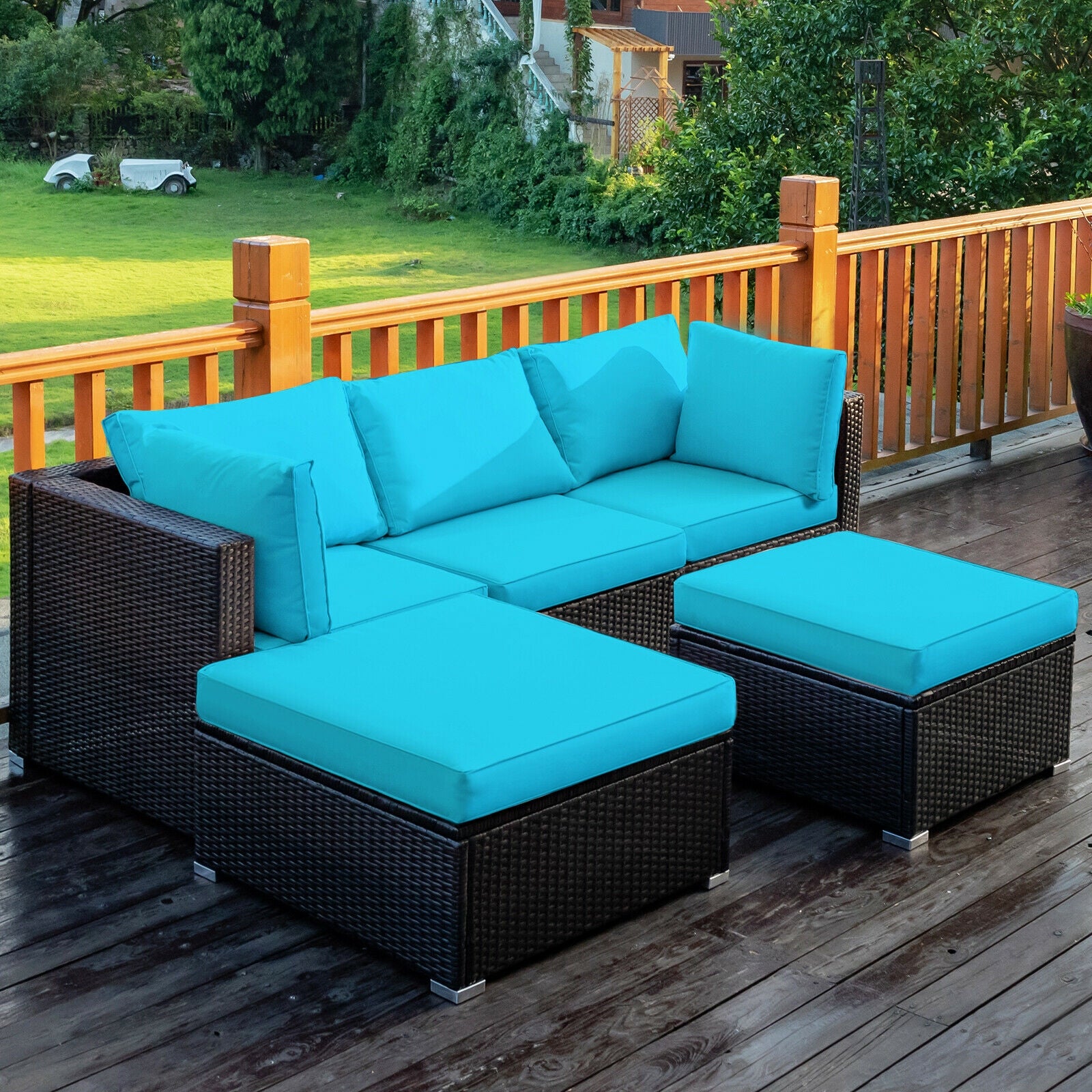 5 Pieces Patio Rattan Sectional Conversation Ottoman Furniture Set-Blue