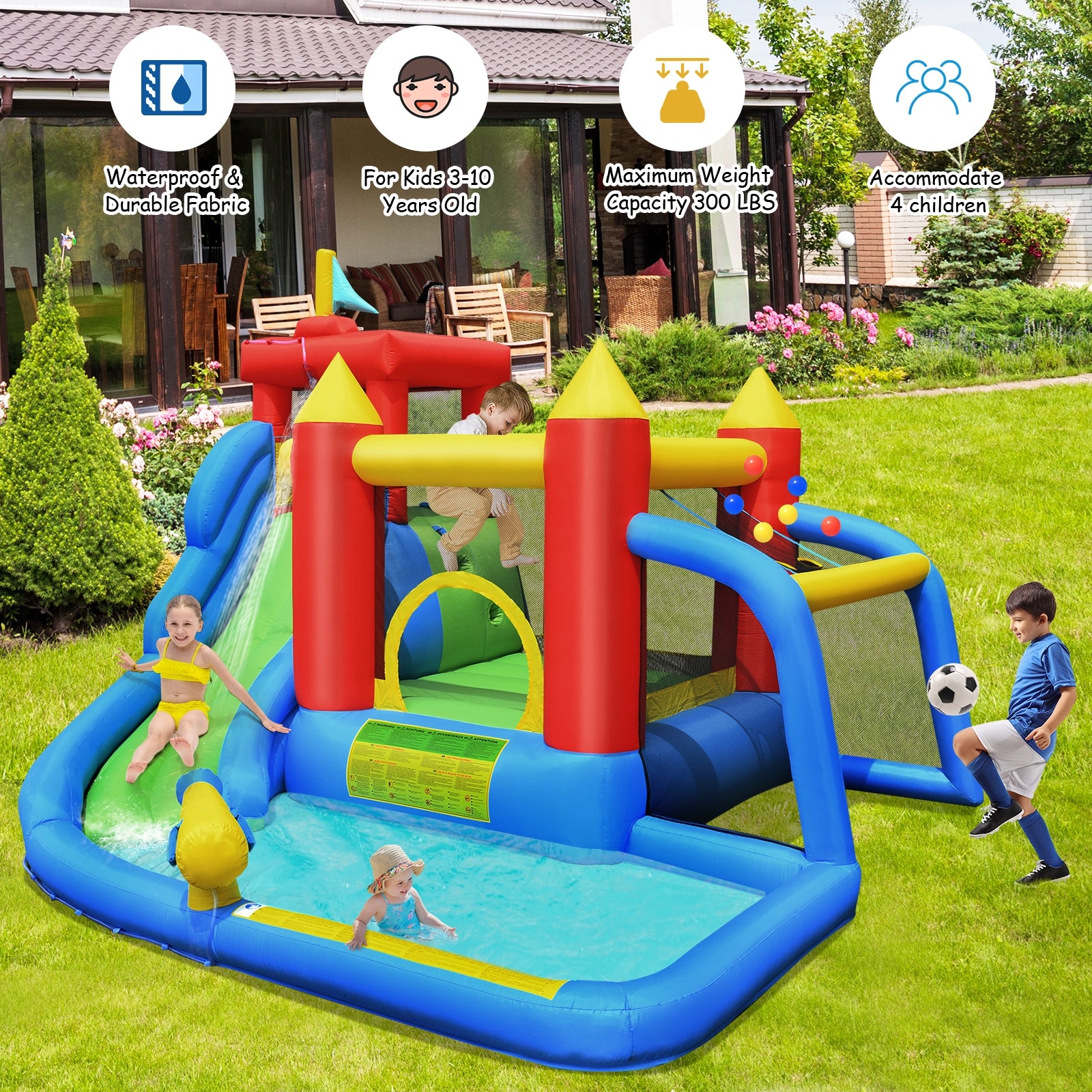 Inflatable Bounce House Splash Pool with Water Climb Slide Blower Included