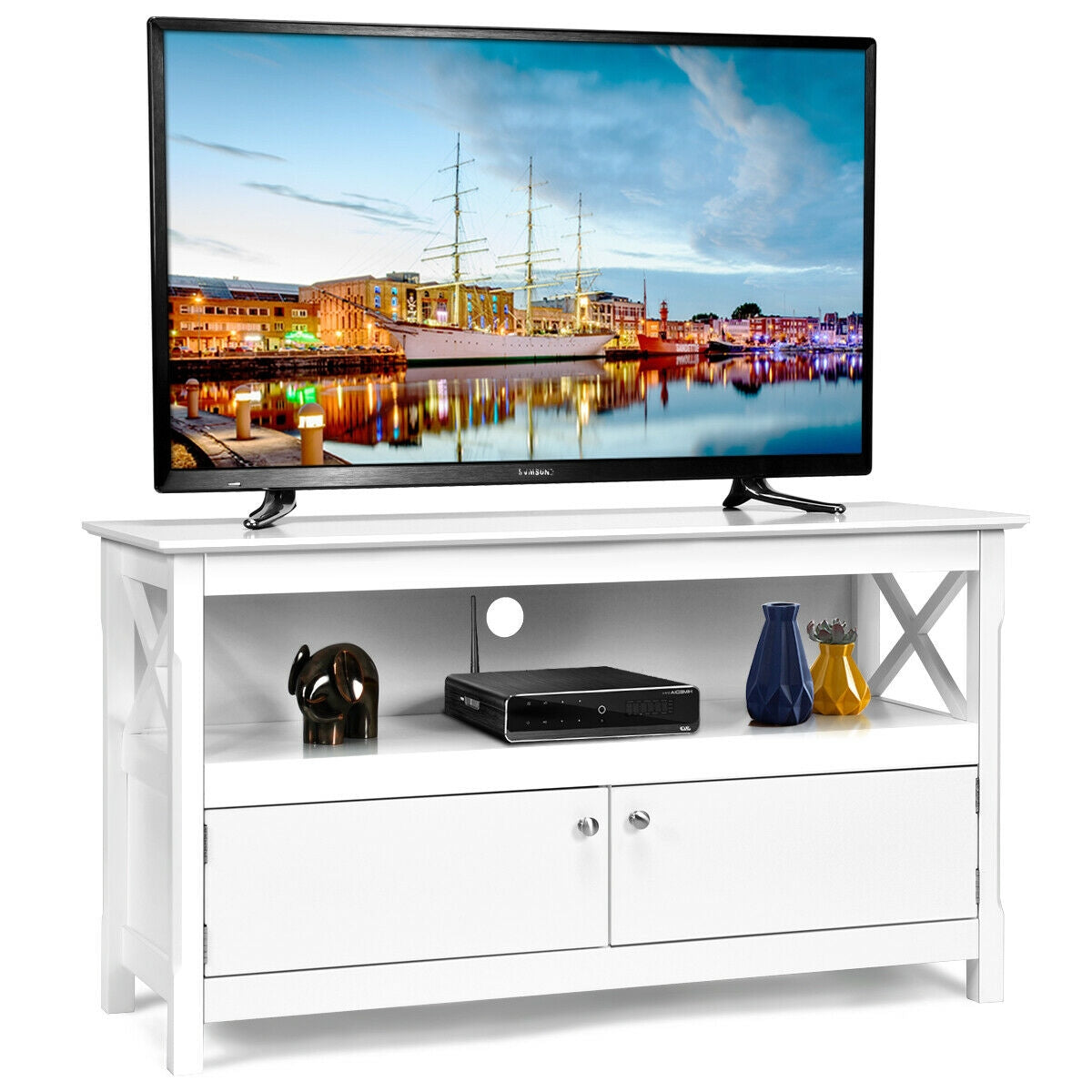 44 Inch Wooden Storage Cabinet TV Stand-White