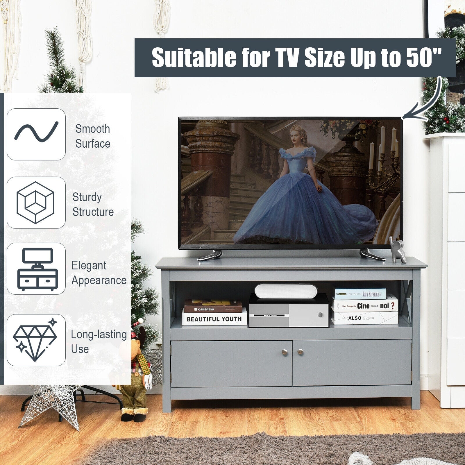 44 Inch Wooden Storage Cabinet TV Stand-Gray