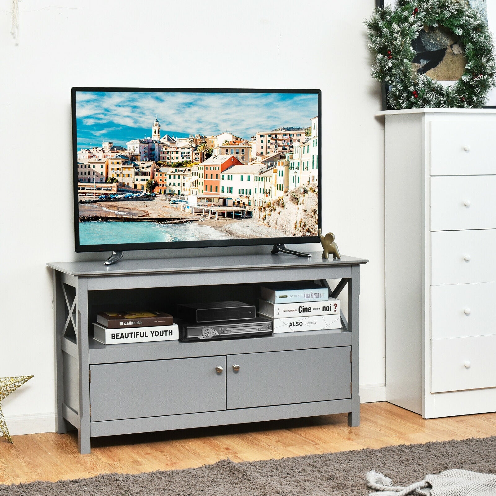 44 Inch Wooden Storage Cabinet TV Stand-Gray