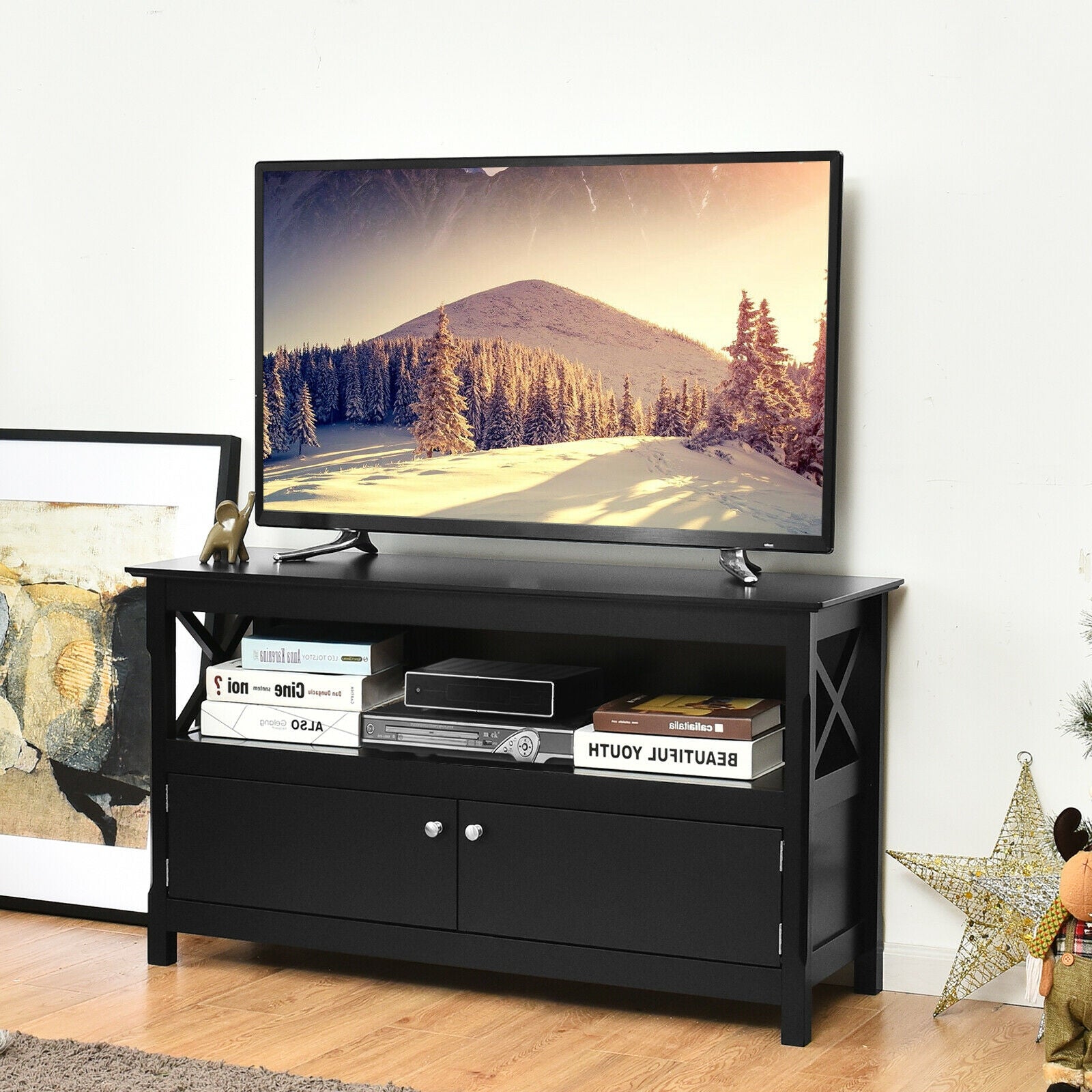 44 Inch Wooden Storage Cabinet TV Stand-Black