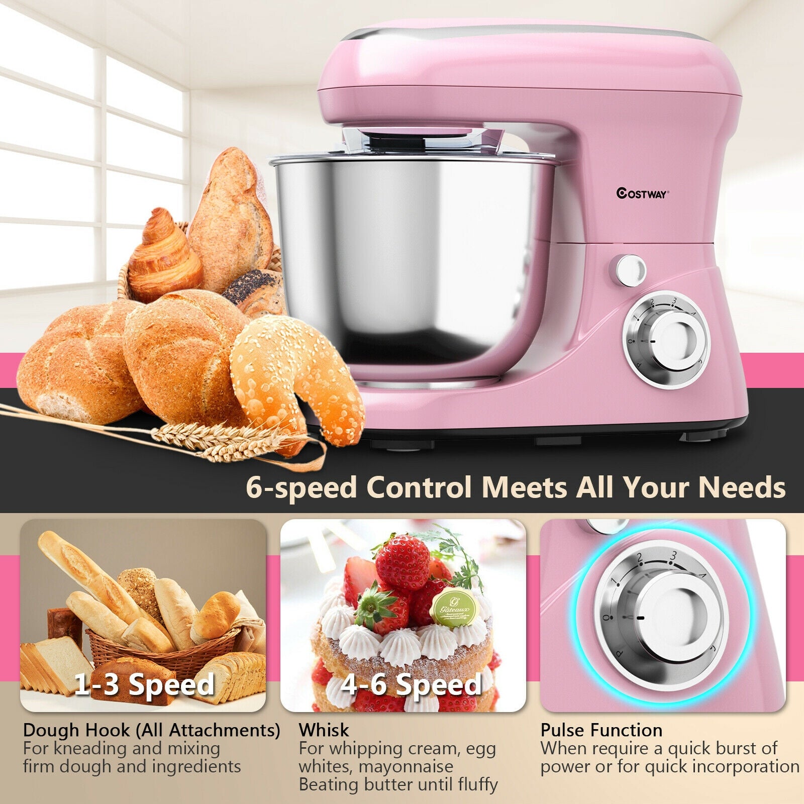 5.3 Qt Stand Kitchen Food Mixer 6 Speed with Dough Hook Beater-Pink