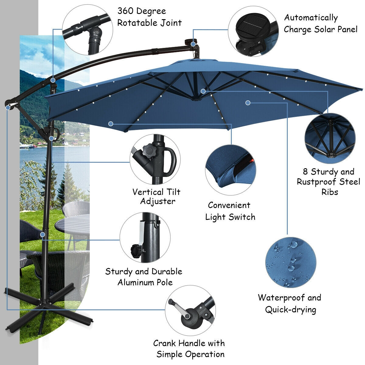 10 ft 360° Rotation Solar Powered LED Patio Offset Umbrella without Weight Base-Blue