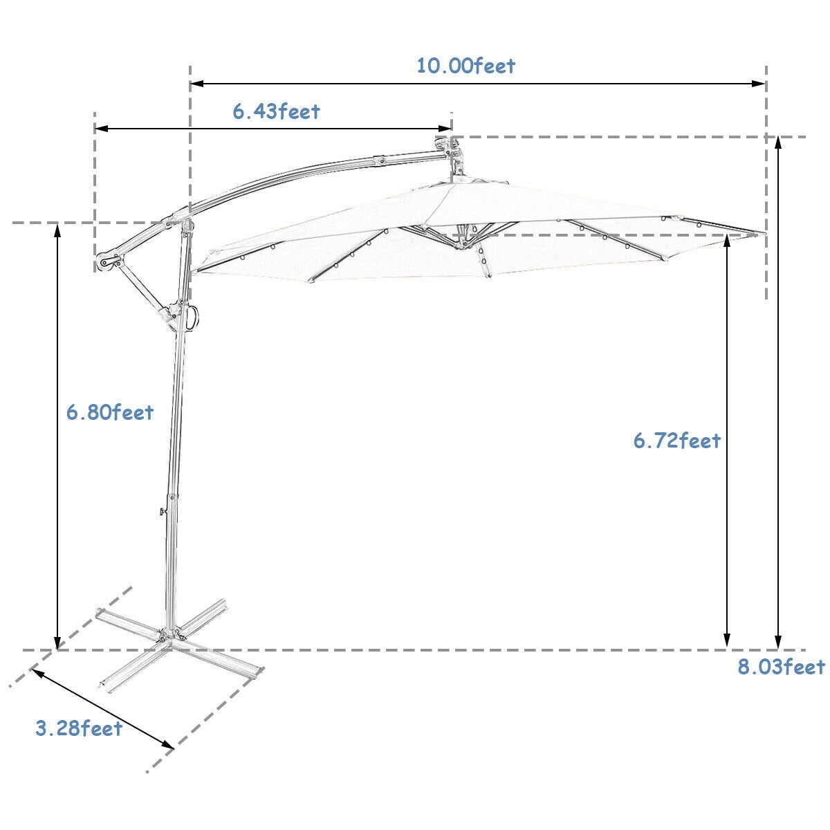 10 ft 360° Rotation Solar Powered LED Patio Offset Umbrella without Weight Base-Blue