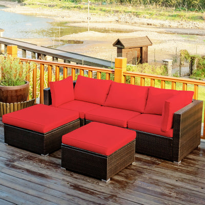 5 Pieces Patio Rattan Sofa Set with Cushion and Ottoman-RedÂ 