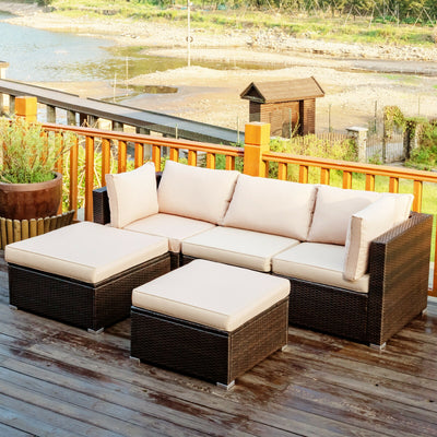 5 Pieces Patio Rattan Sofa Set with Cushion and Ottoman-BeigeÂ 