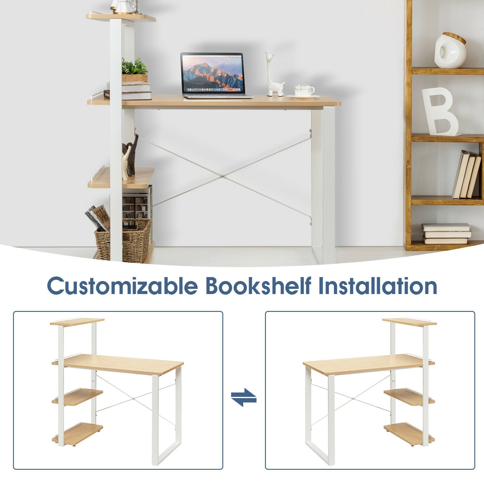 Reversible Computer Desk Study Table Home Office with Adjustable Bookshelf-Natural