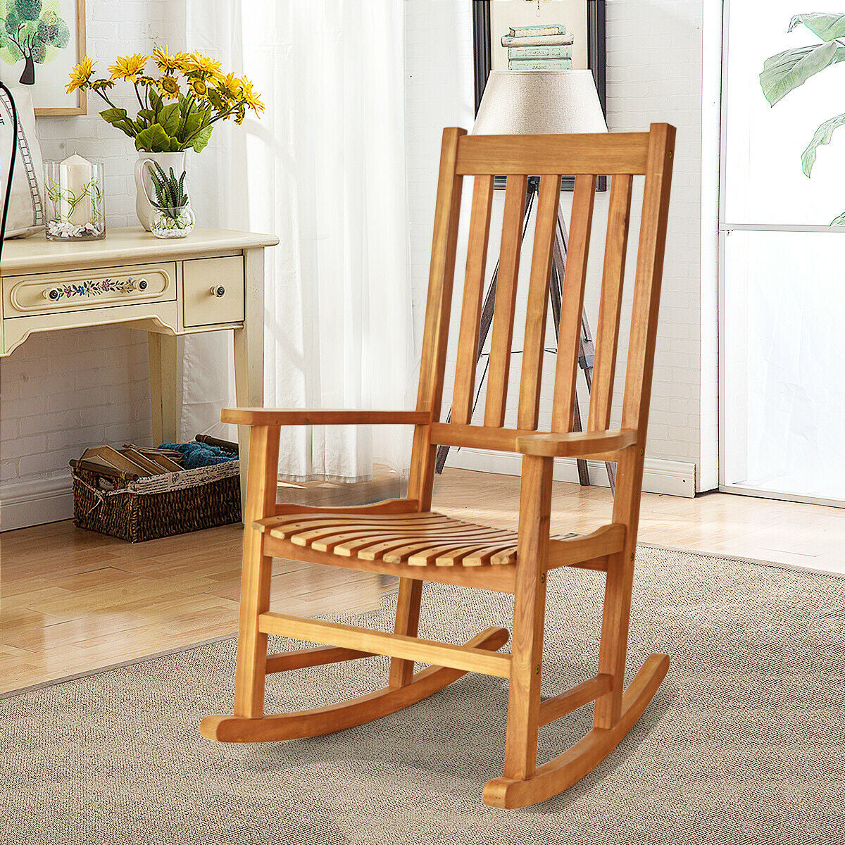 Indoor Outdoor Wooden High Back Rocking Chair-Wood