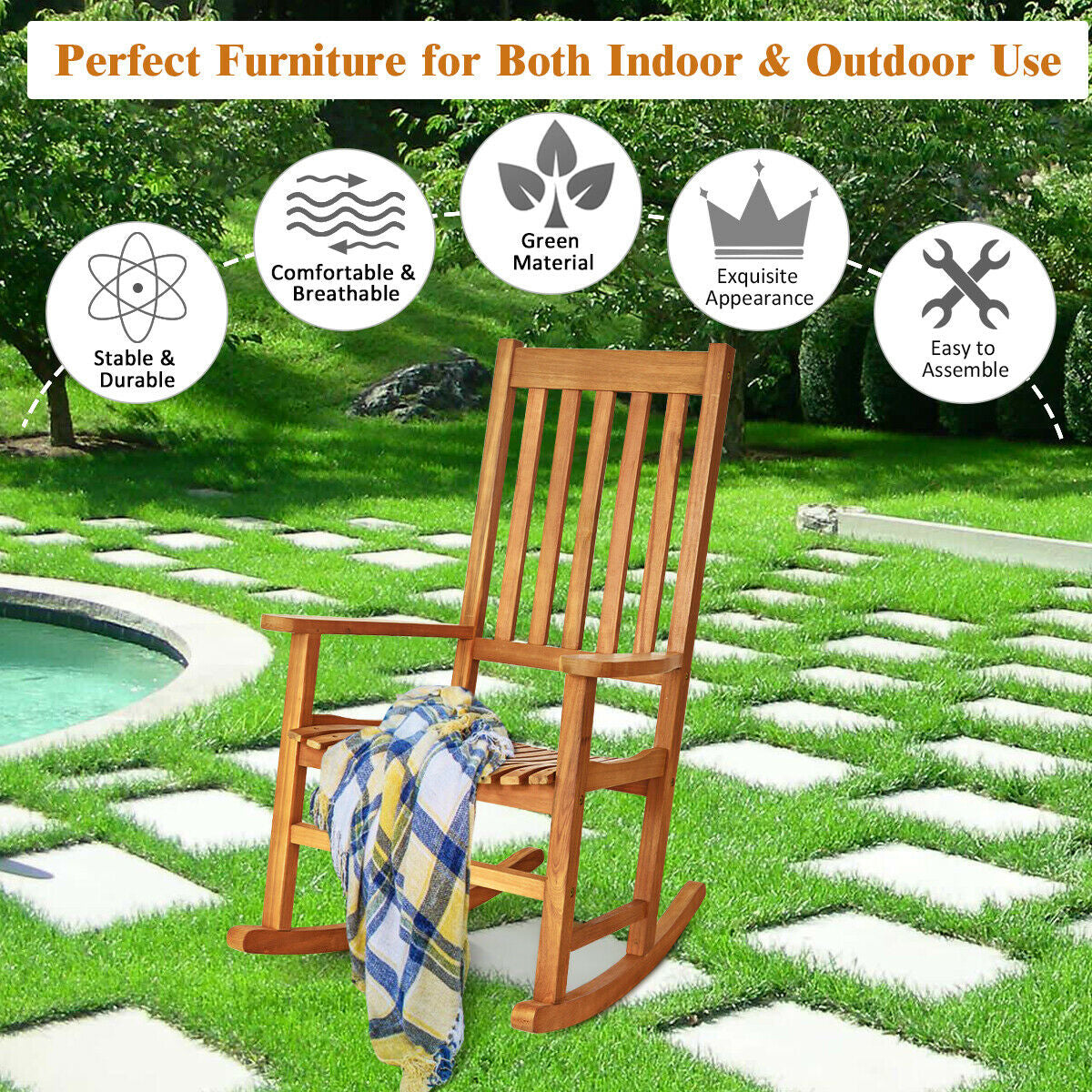 Indoor Outdoor Wooden High Back Rocking Chair-Wood