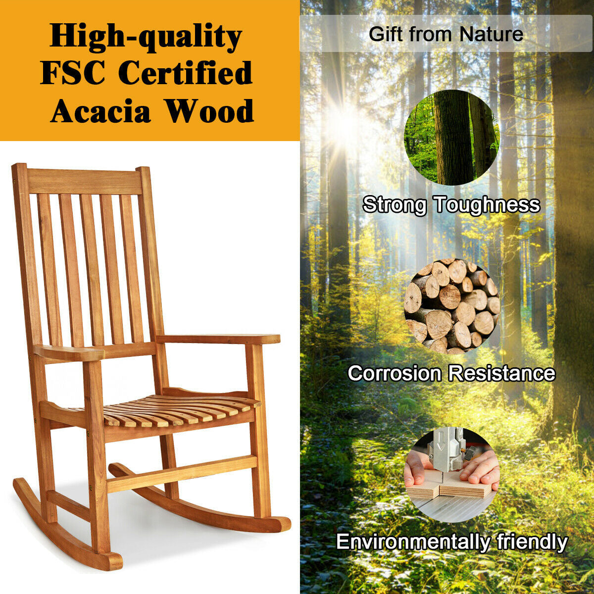 Indoor Outdoor Wooden High Back Rocking Chair-Wood