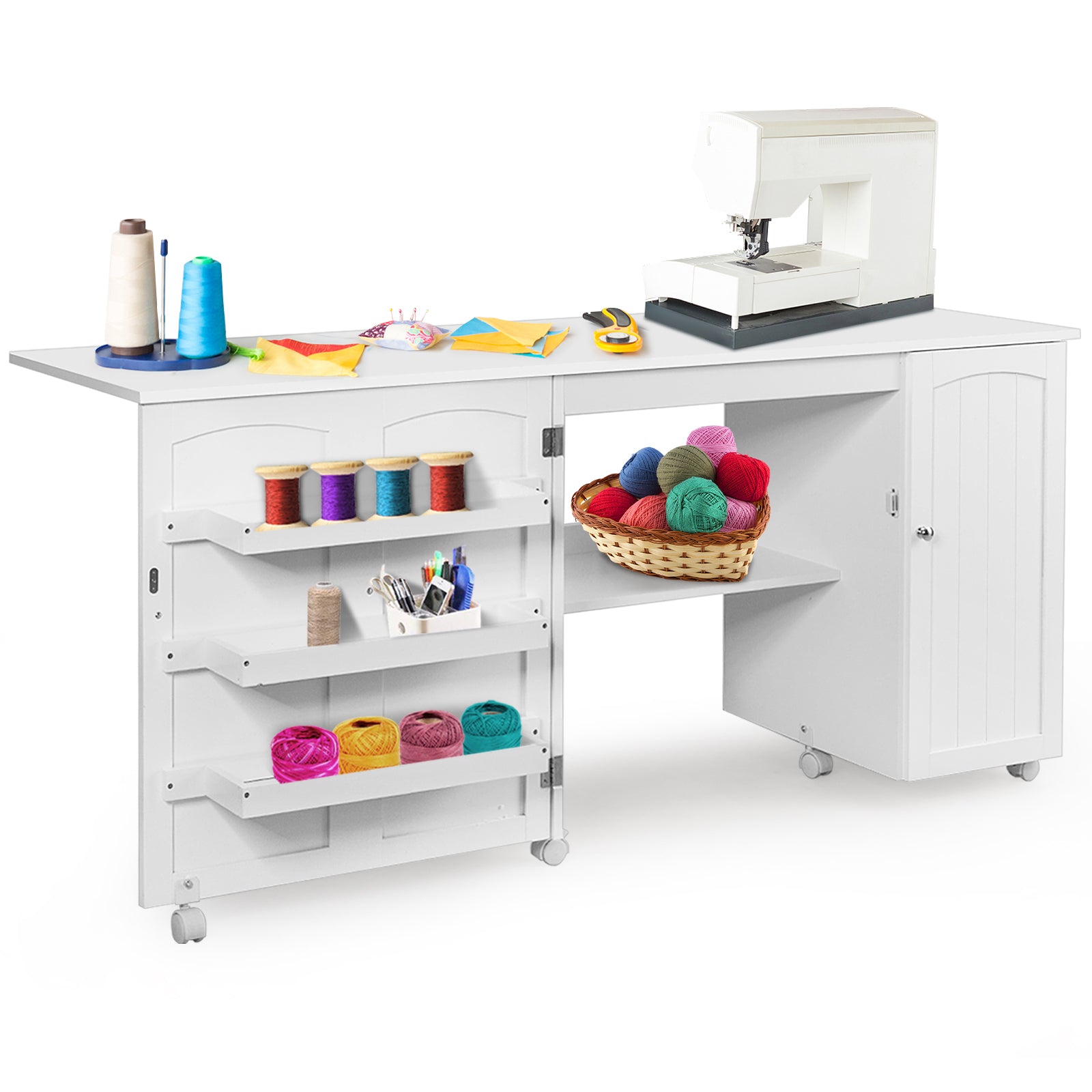 Folding Sewing Table Shelves Storage Cabinet Craft Cart with Wheels-White