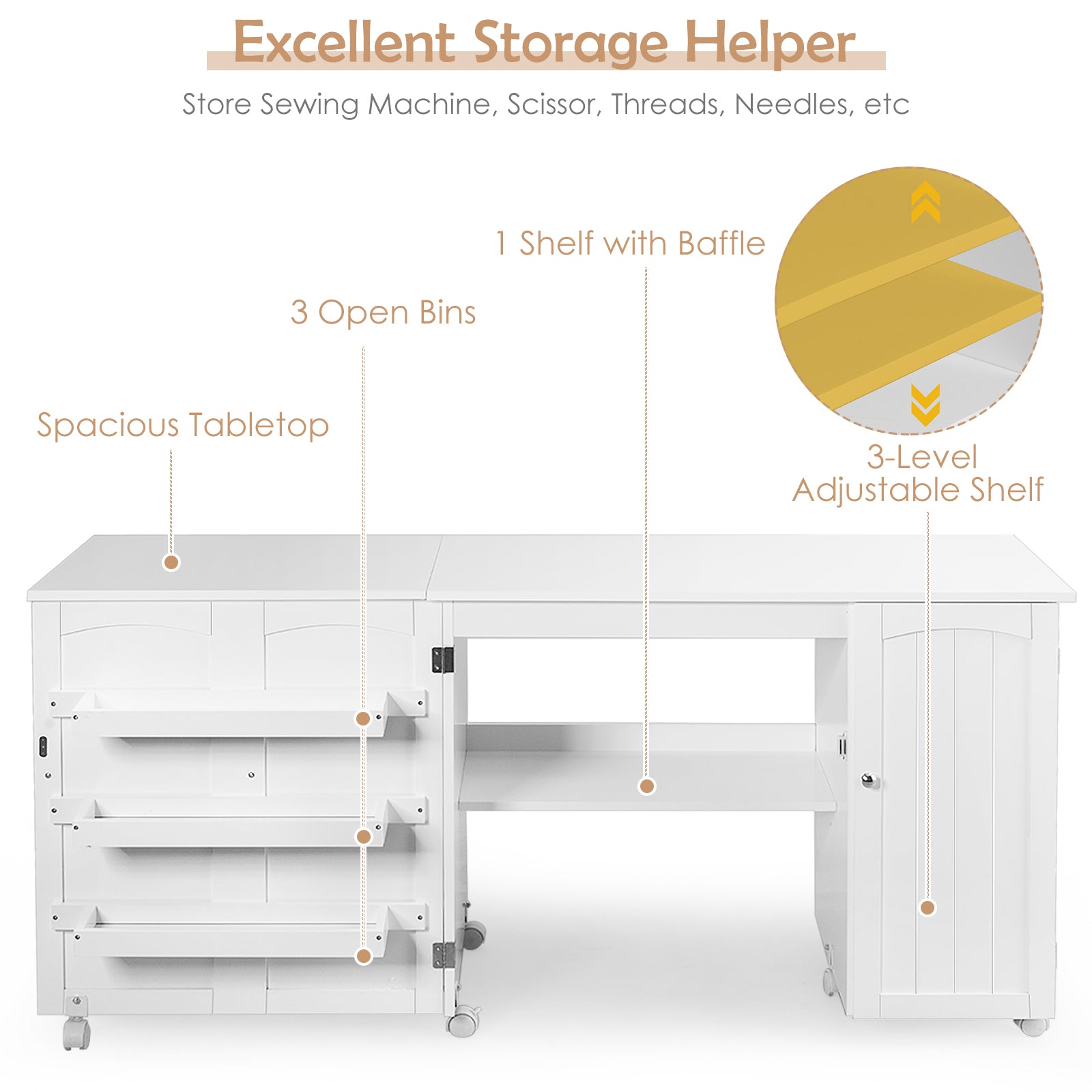 Folding Sewing Table Shelves Storage Cabinet Craft Cart with Wheels-White