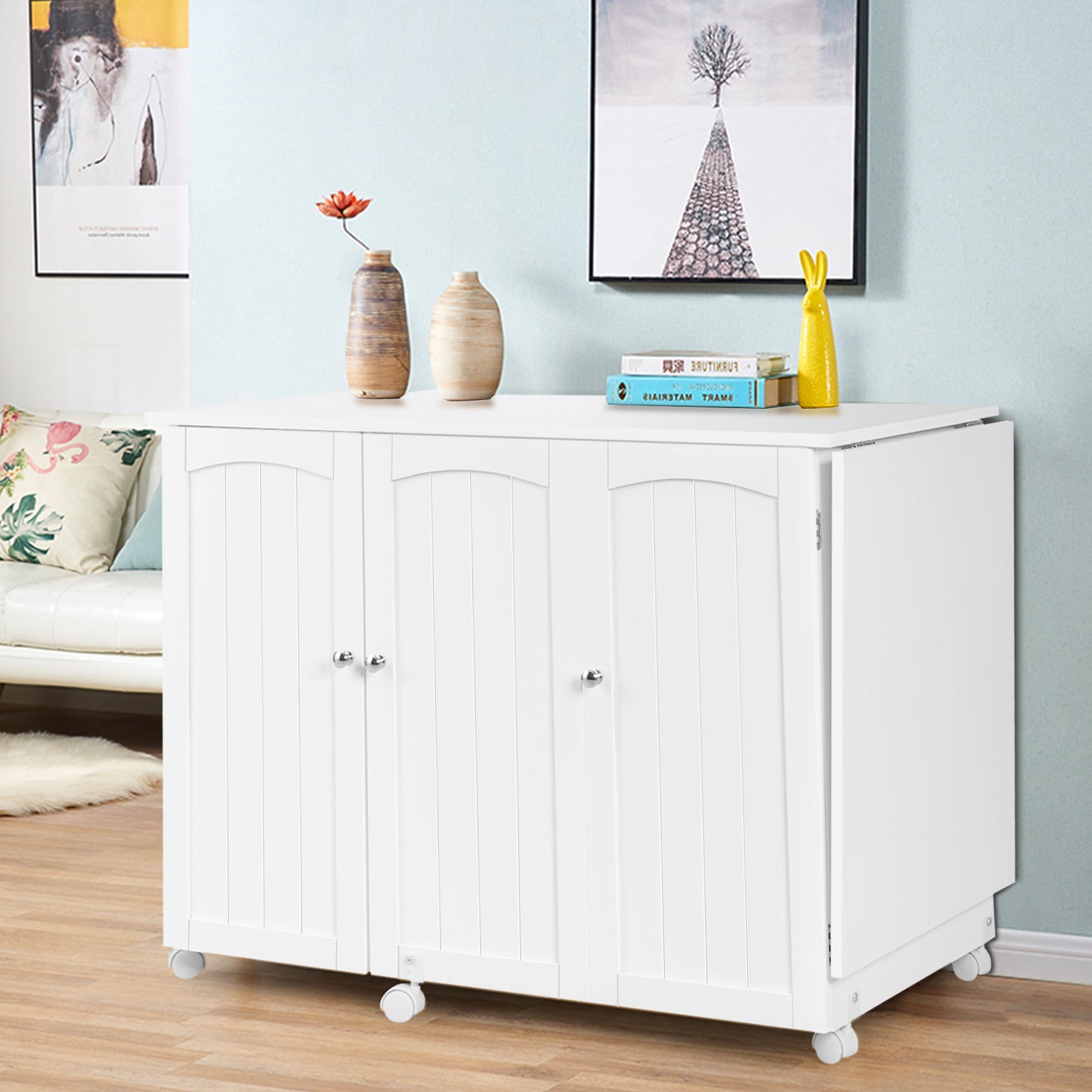 Folding Sewing Table Shelves Storage Cabinet Craft Cart with Wheels-White