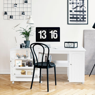 Folding Sewing Table Shelves Storage Cabinet Craft Cart with Wheels-WhiteÂ 